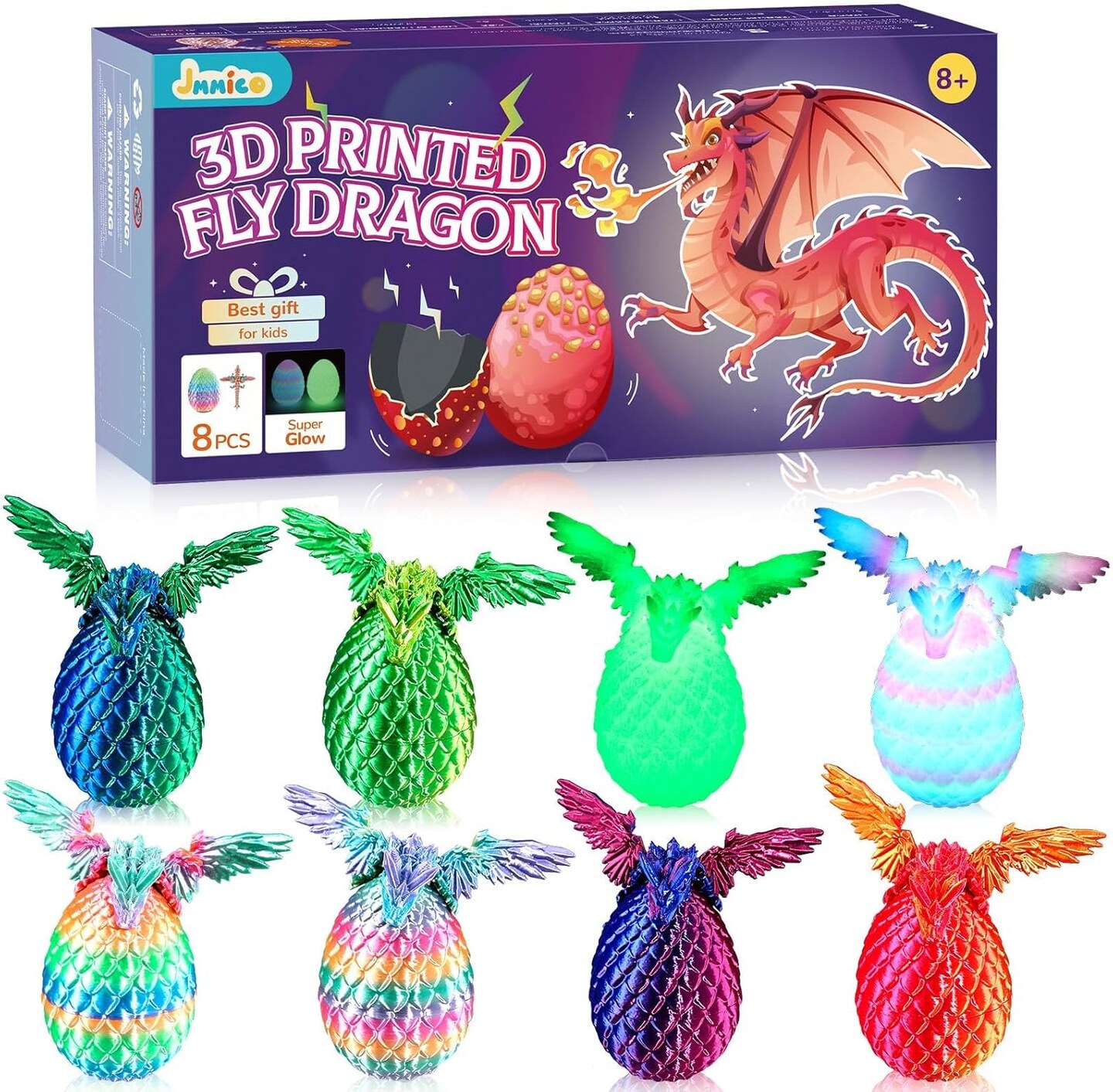 JMMICO 8PCS 3D Printed Dragon Eggs with Dragon Inside,Mini Fidget Dragon with Wings, Articulated Crystal Animals Toy for Gift,Easter Basket Stuffers,Fantasy Desktop Decor