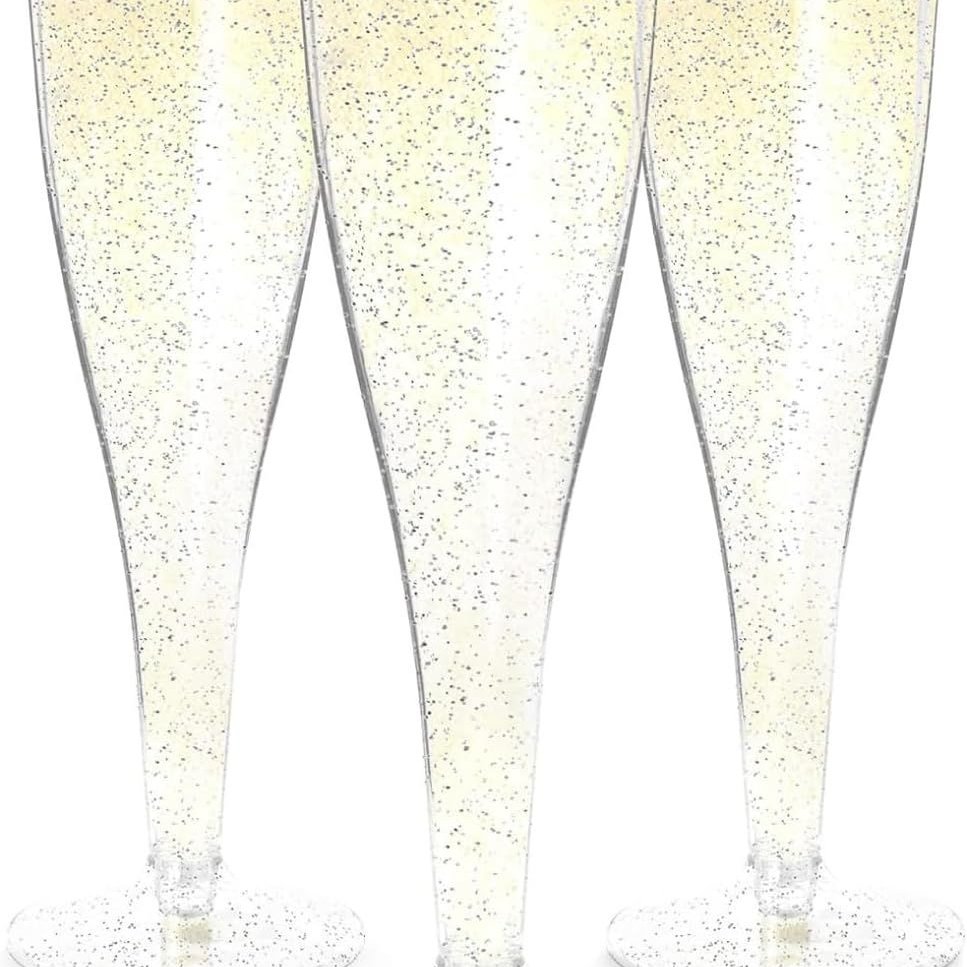 Edge Collections -Silver-Disposable Glitter Champagne Flutes for Parties-24 pcs