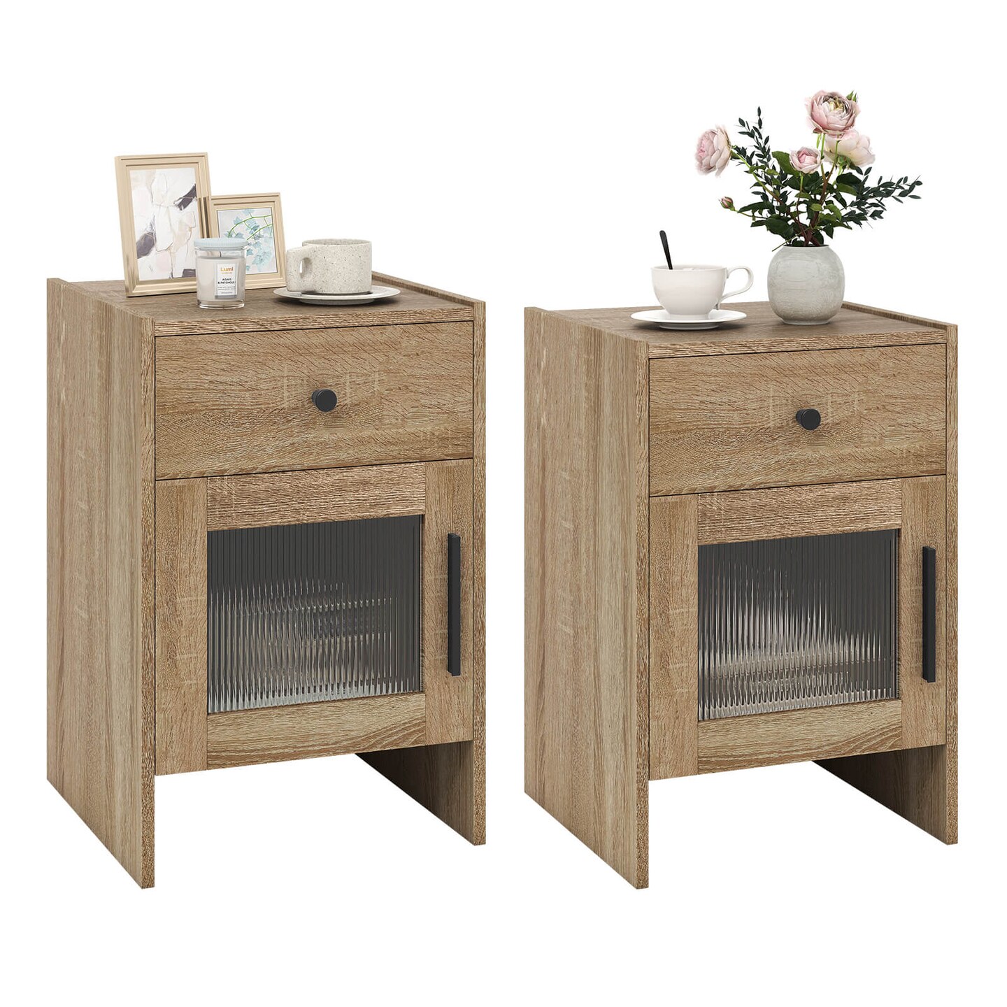 Costway 1/2 PCS Farmhouse Nightstand Fluted Bed Side Table with Large Drawer & Enclosed Cabinet