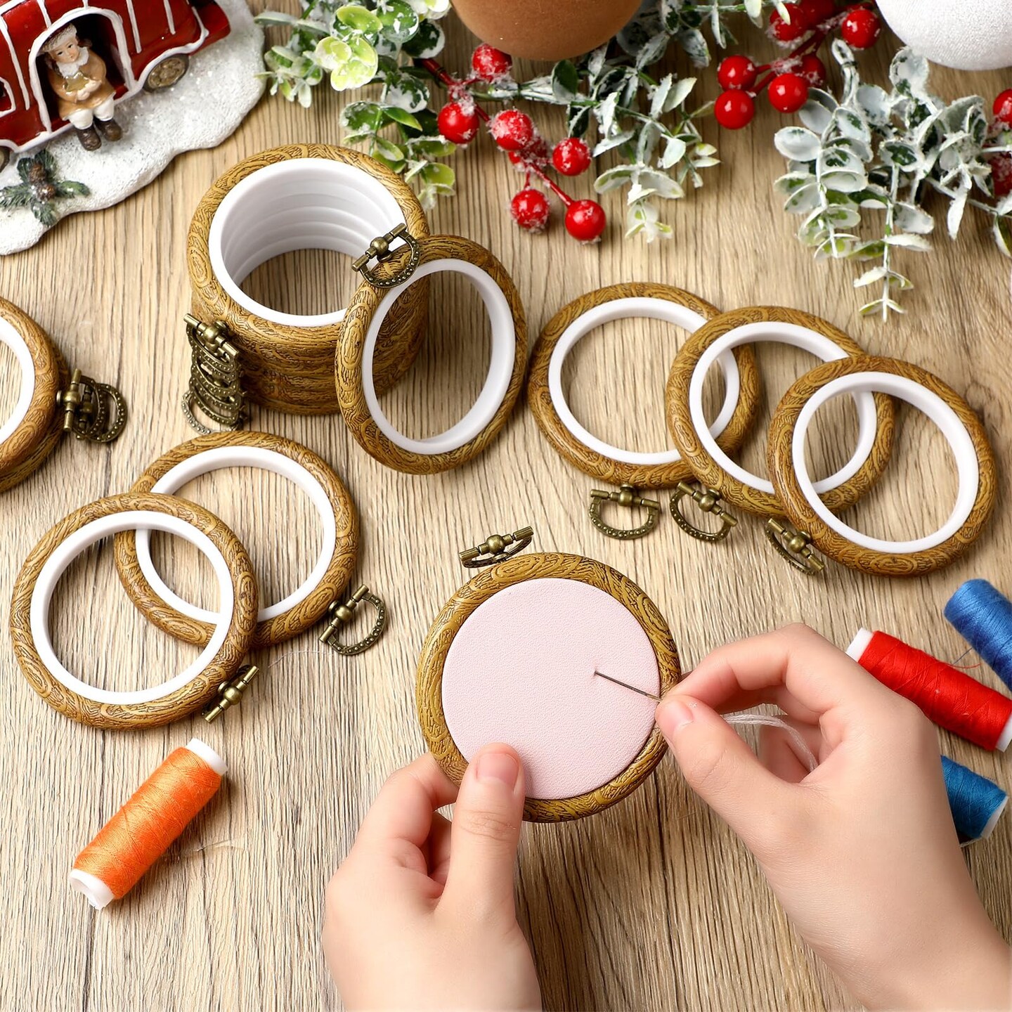 15 Pcs 2.4 Inch Fall Round Embroidery Hoops Frame Circle Rubber Hoops Ring Display Cross Stitch Ornament Imitated Wood Frame Kits for Christmas Halloween Craft Sewing DIY Hanging Gifts
