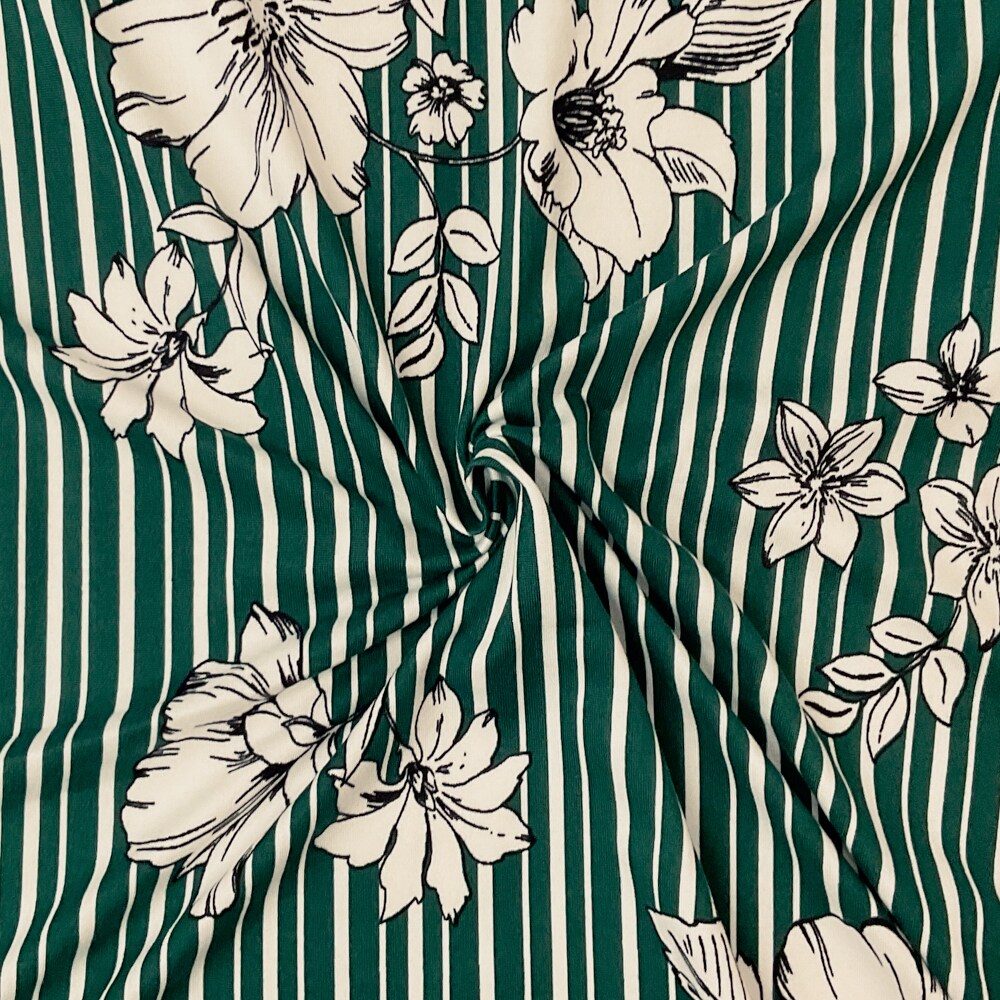 Green-Multi Poly Spandex Stretch Floral Stripe Print DB Jersey Knit Fabric By the Yard