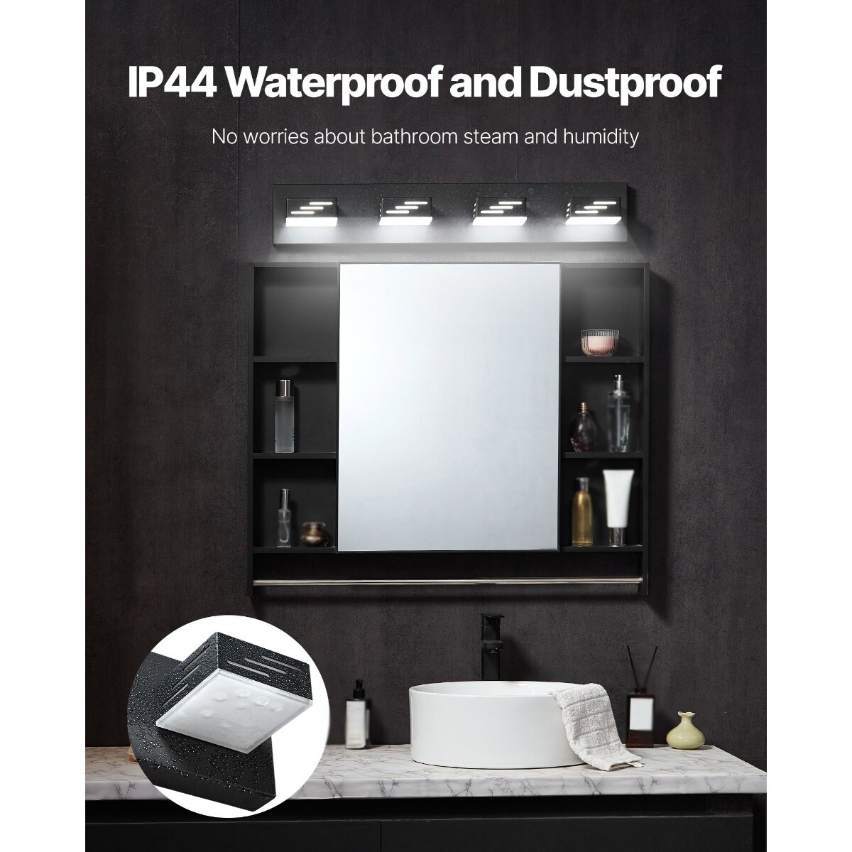 4-Light Black LED Bathroom Vanity Light Fixture, 32W Modern Waterproof Wall Sconce with 360° Rotatable Heads
