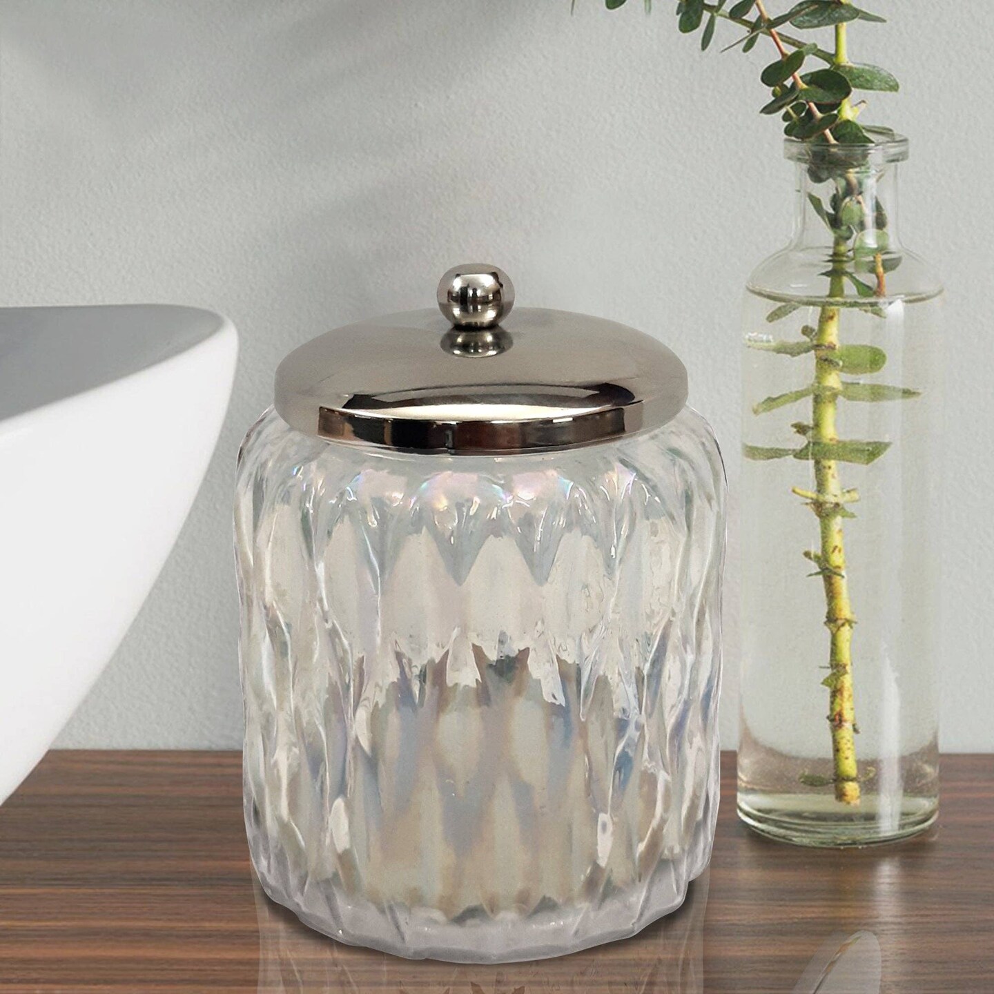 Glacier Vanity Glass Jar | Stylish Storage for Cotton Swabs, Sponges & Bath Salts | Decorative Canister with Lustre Finish