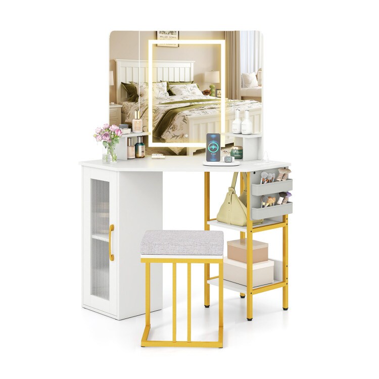 White Corner Vanity Table with Triple LED Mirrors, Adjustable Shelves, Charging Station & Cushioned Stool