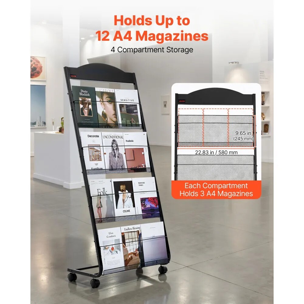 4-Tier Magazine & Brochure Display Stand with Wheels Heavy Duty Floor Rack for Catalogs Papers