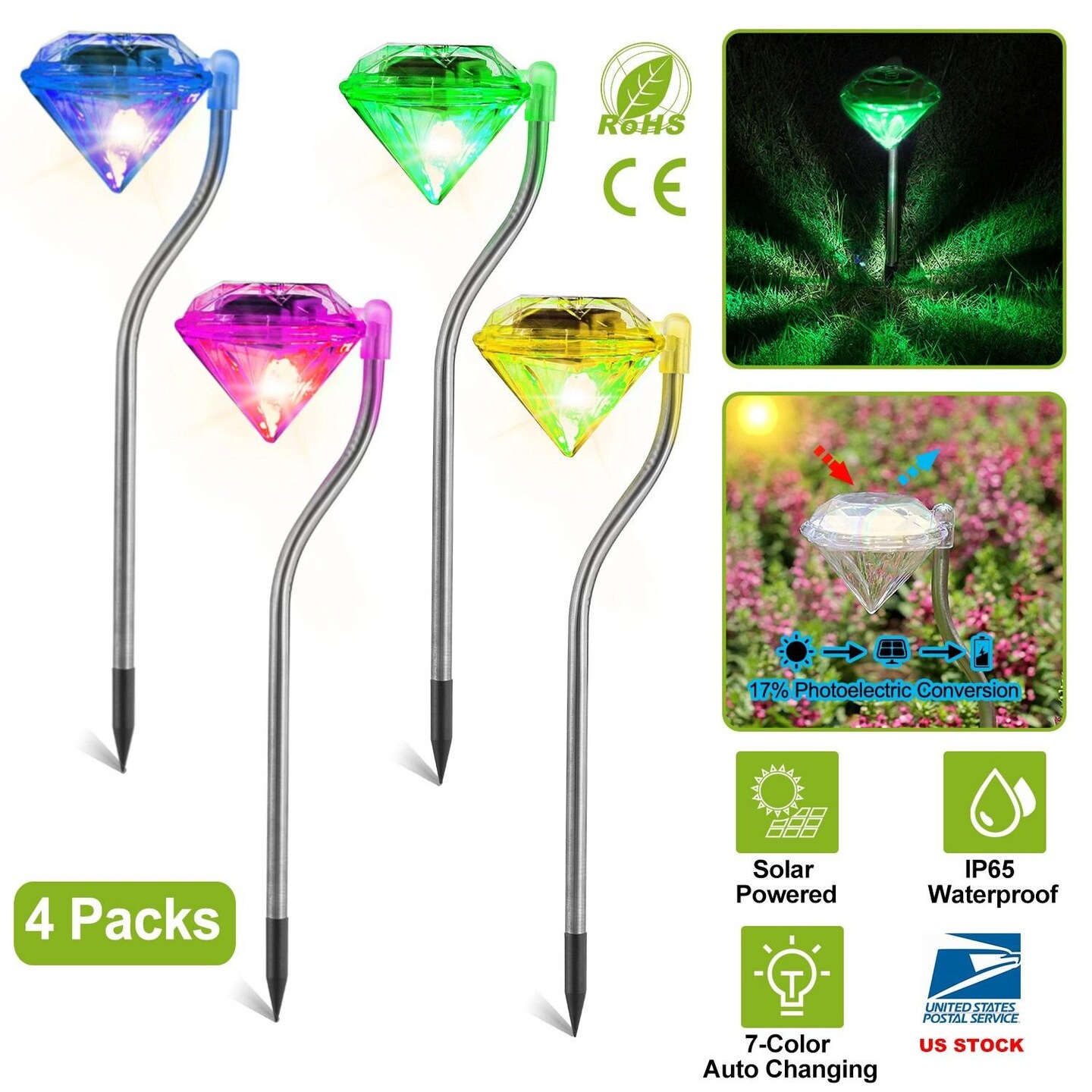 Edge Collections – Solar Garden Diamond LED Pathway Lights 7-Color Changing – 4 Pieces
