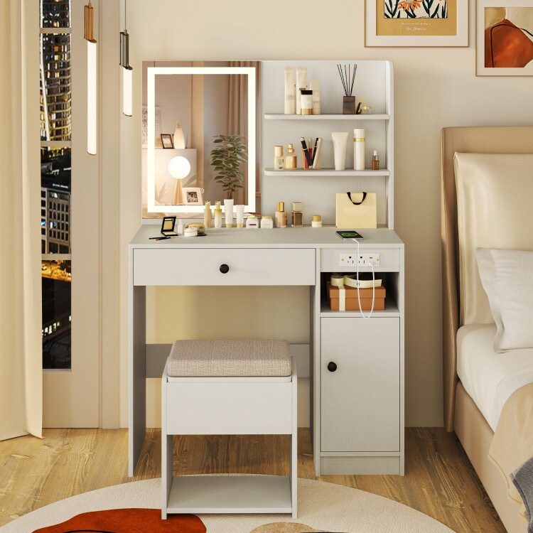 Vanity Desk with LED Lights, Adjustable Brightness, Drawer, and Stool