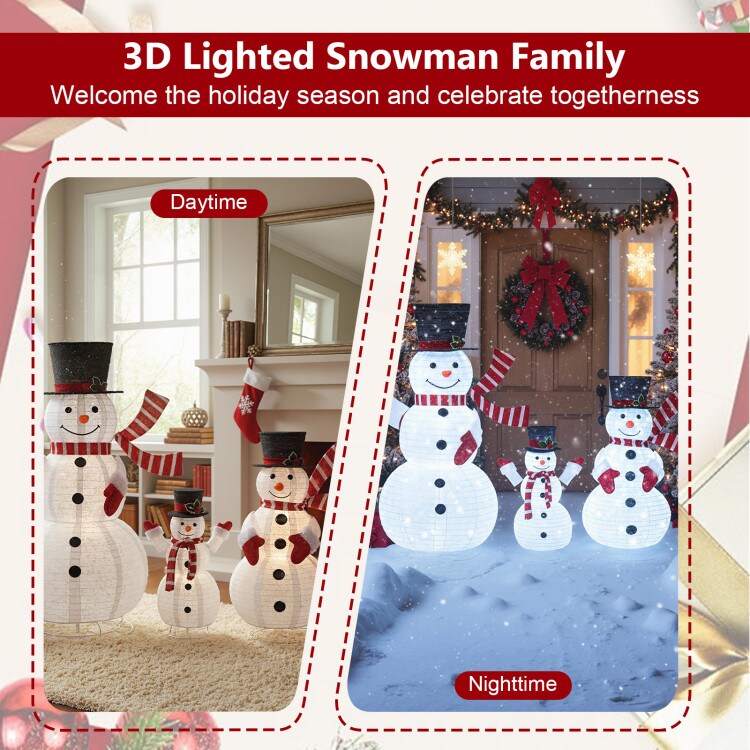 3-Piece Pre-Lit 3D Snowman Set with 270 LED Lights for Christmas Decor