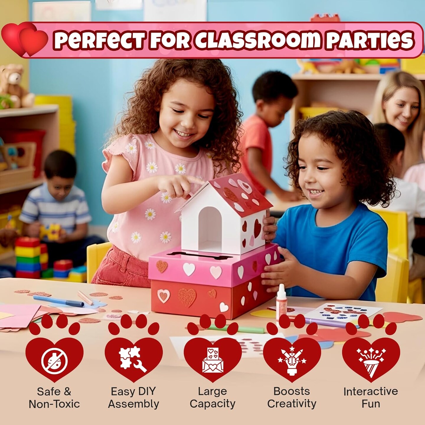 4E's Novelty Valentines Day Box and Cards for Kids (32 Pcs) - DIY Puppy Valentines Box Doghouse Craft Kit Gift with 32 Puppy Cards & Teacher Card, Valentines Boxes for Kids for Fun and Classroom Exchange