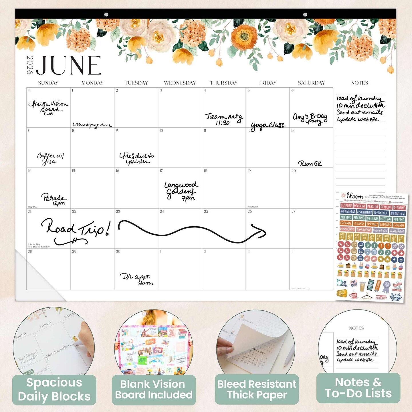 bloom daily planners 2026 Desk & Wall Calendar, 16" x 21", Seasonal Florals