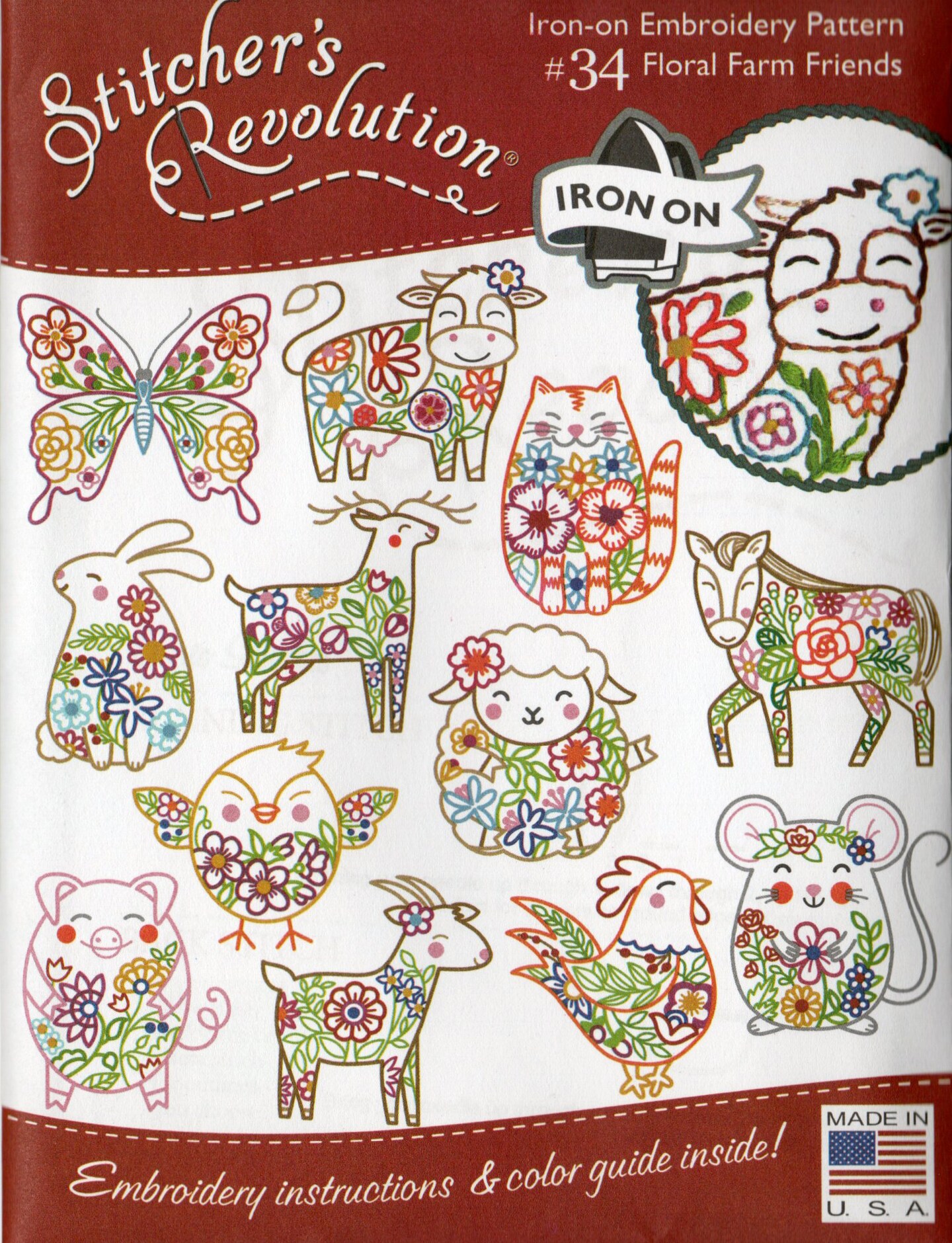 Stitcher's Revolution Floral Farm Friends SR34 embroidery iron on pattern