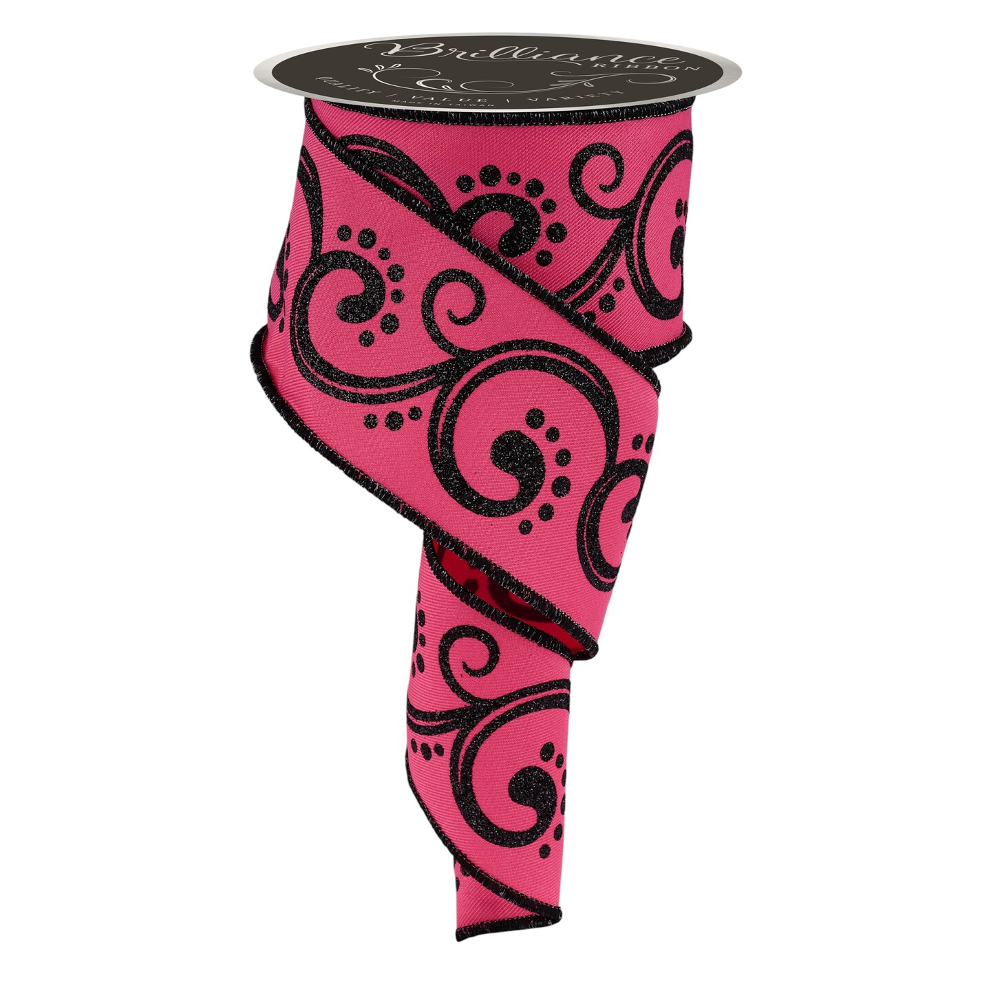 Brilliance 2.5" Hot Pink and Black Filigree Glitter Swirl Wired Ribbon, 10 Yards for Christmas Bows, Wreaths, Gift Wrap, Crafts and Decorations