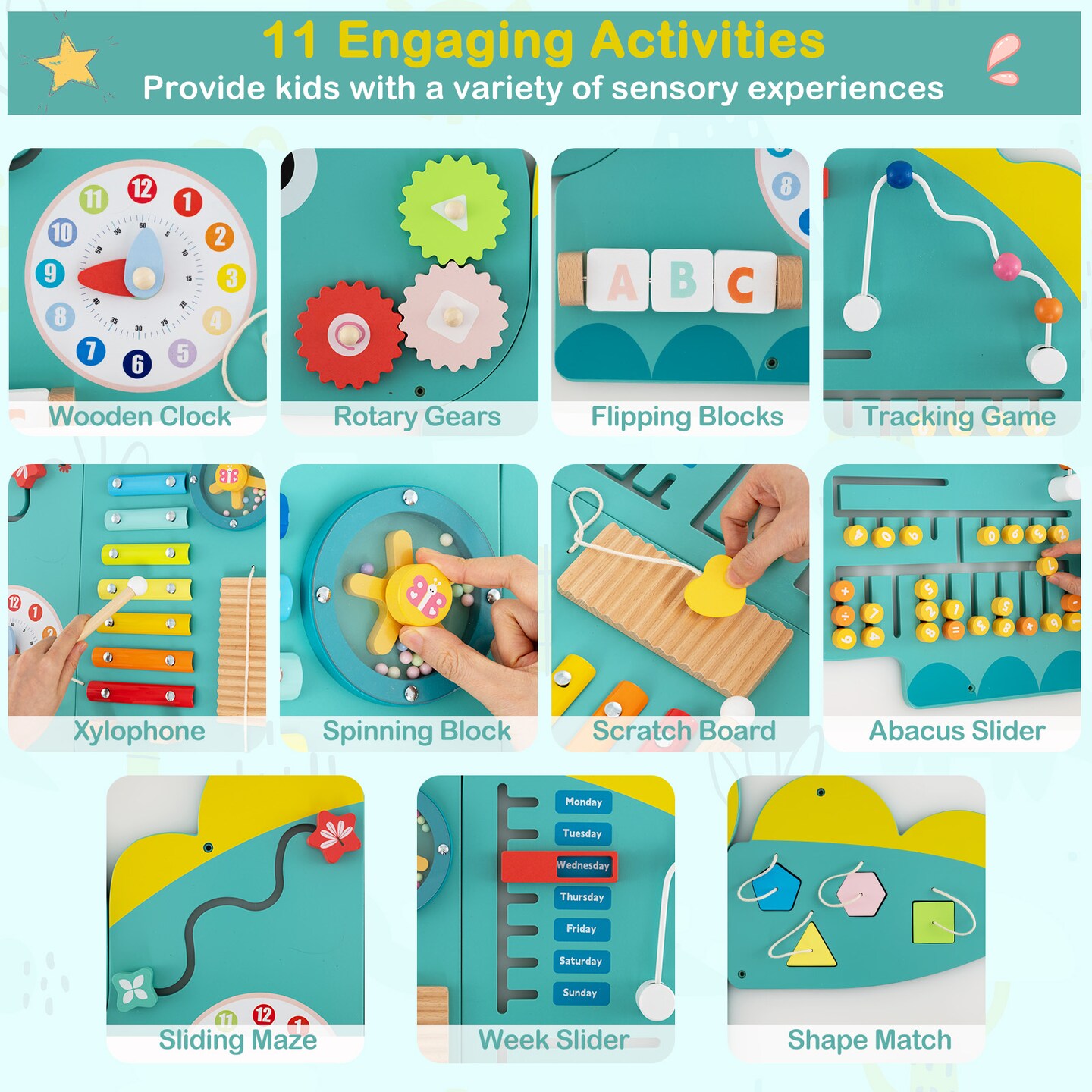 11-in-1 Kids Busy Board with Dinosaur Theme, Educational Wall Panels