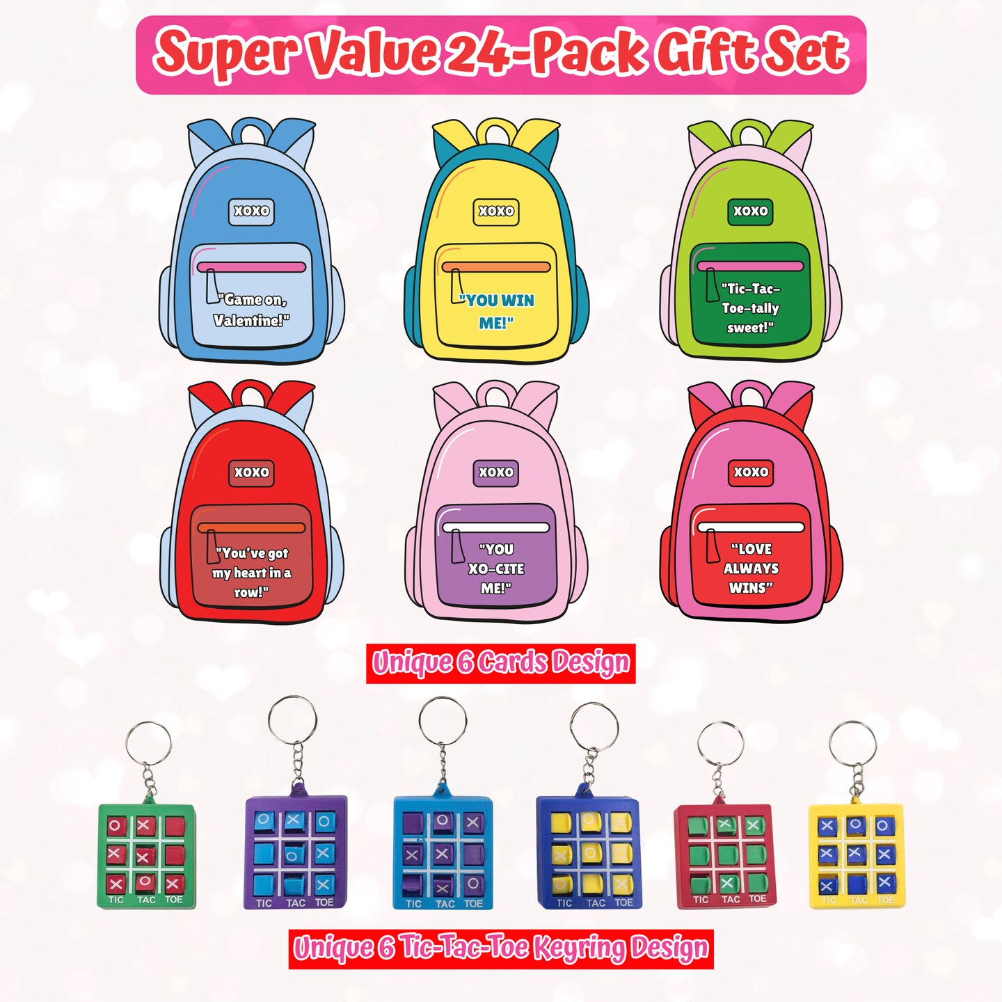 4E's Novelty 24 Pack Classroom Valentine Cards with Tic Tac Toe Keychains, Valentines Gifts for Kids School Valentines Classroom Exchange and Party Favors, Tic Tac Toe Valentine Fun Portable Games