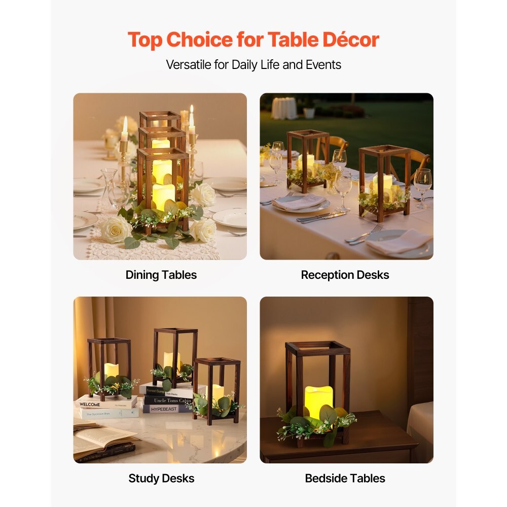 Wooden Wedding Lantern Centerpiece with LED Candle, Flower Wreath for Table Decor