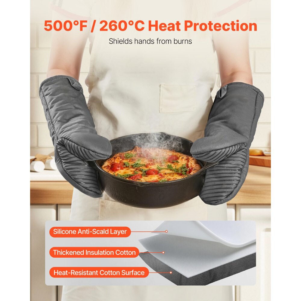 Heat Resistant Cotton Silicone Oven Mitts (500°F) Non-Slip Grip, Extra Long Kitchen Gloves with Hanging Hooks