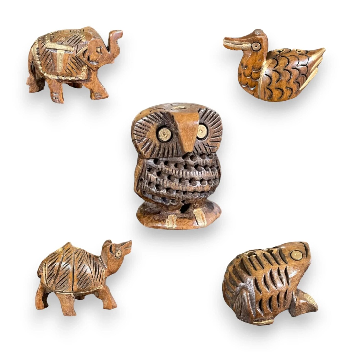 Set of 5 Wooden Animal Handmade Showpiece, Elephant, Duck, Owl, Frog & Camel