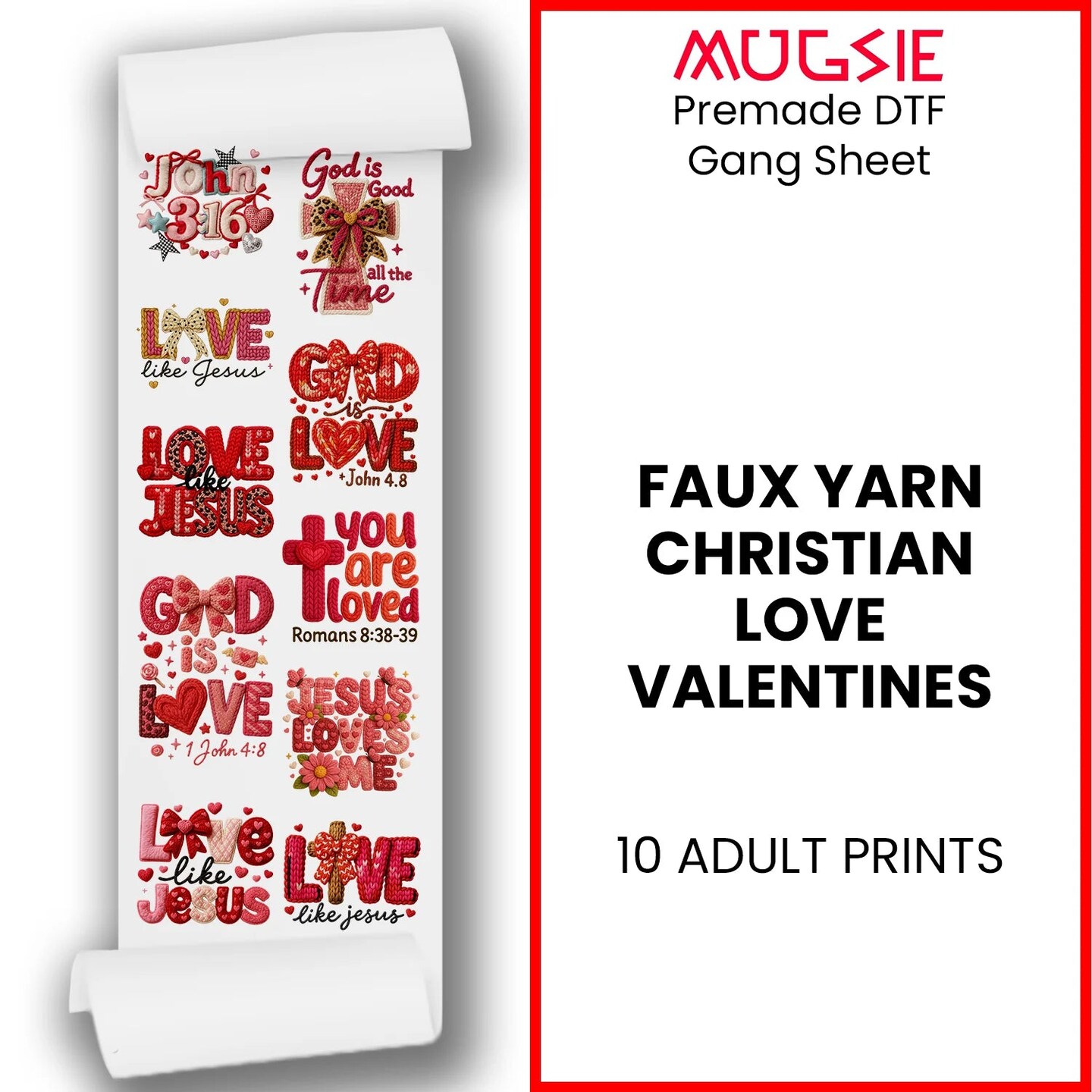 Valentine's DTF Transfers - Christian Love Faith Gang Sheet Faux Yarn - Ready to Press Transfers