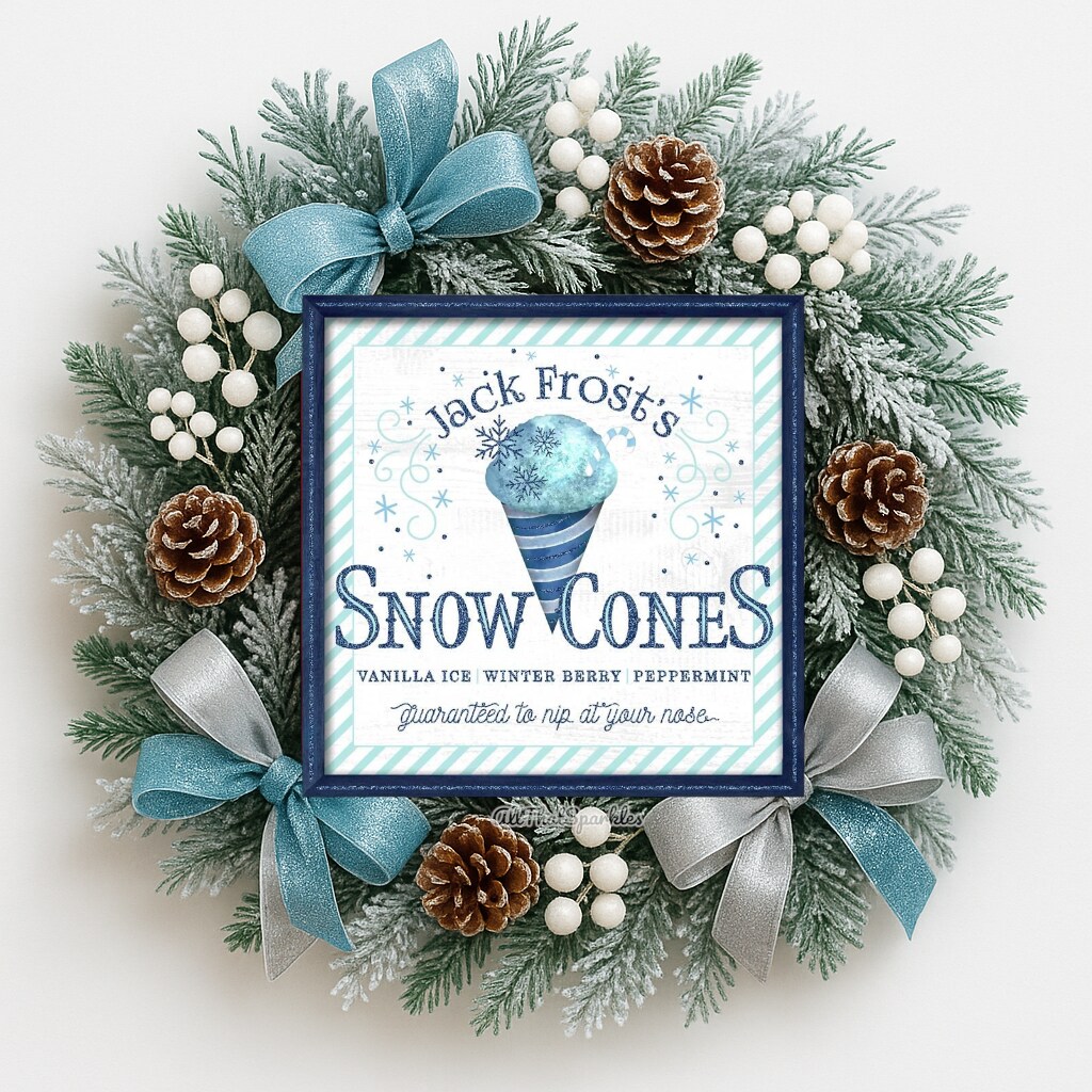 Jack Frost's Snow Cones Wooden Sign, 10" Square, For Wreath Accents, Door/Wall Hangers, Christmas Crafts and Winter Decorations