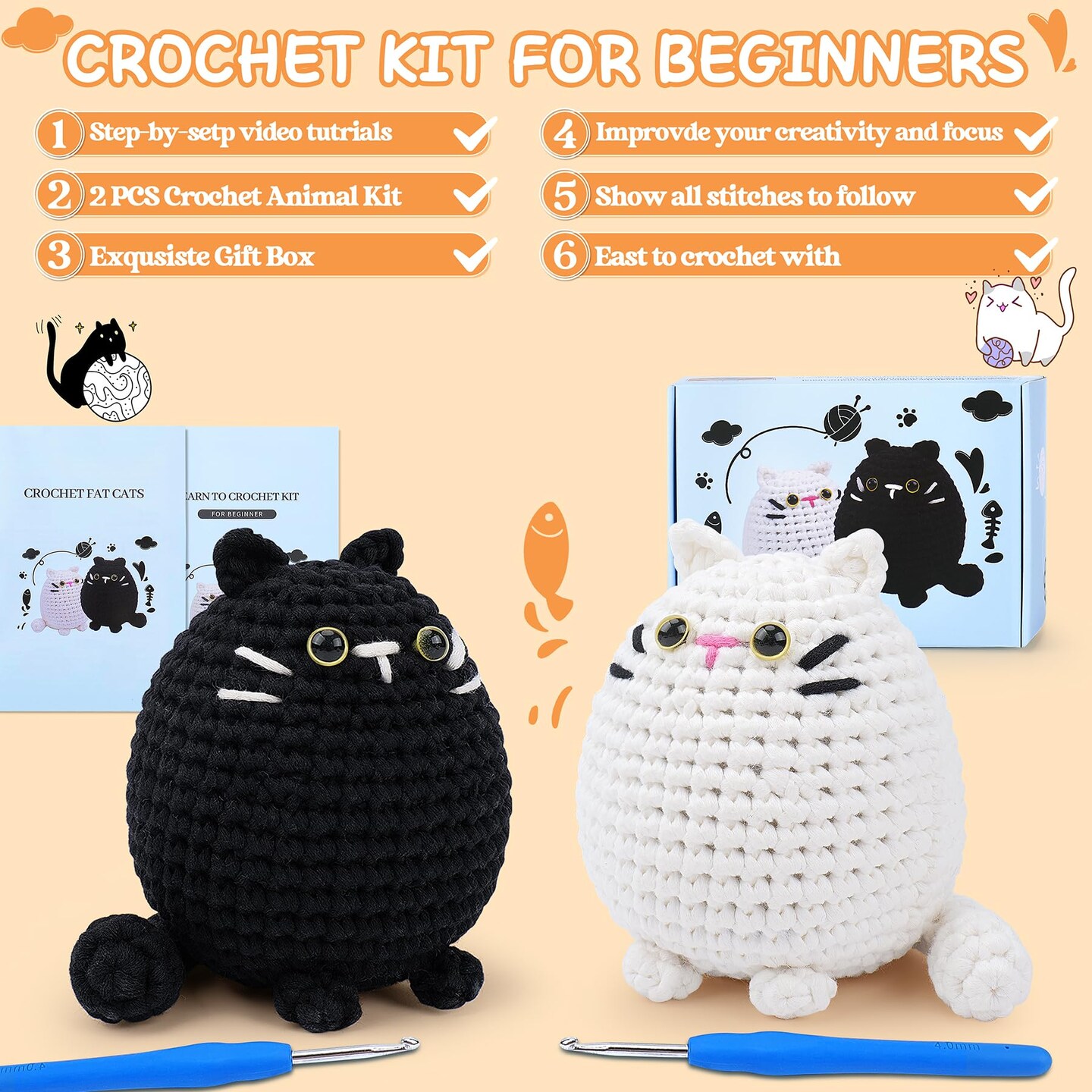 Crochet Kit for Beginners-2PCS Cat Crochet Kits for Adults Kids, Crochet Starter Kit with Step-by-Step Video Tutorials, Crochet Animals Kits DIY Craft Knitting Kit Learn to Crochet Kits for Adults