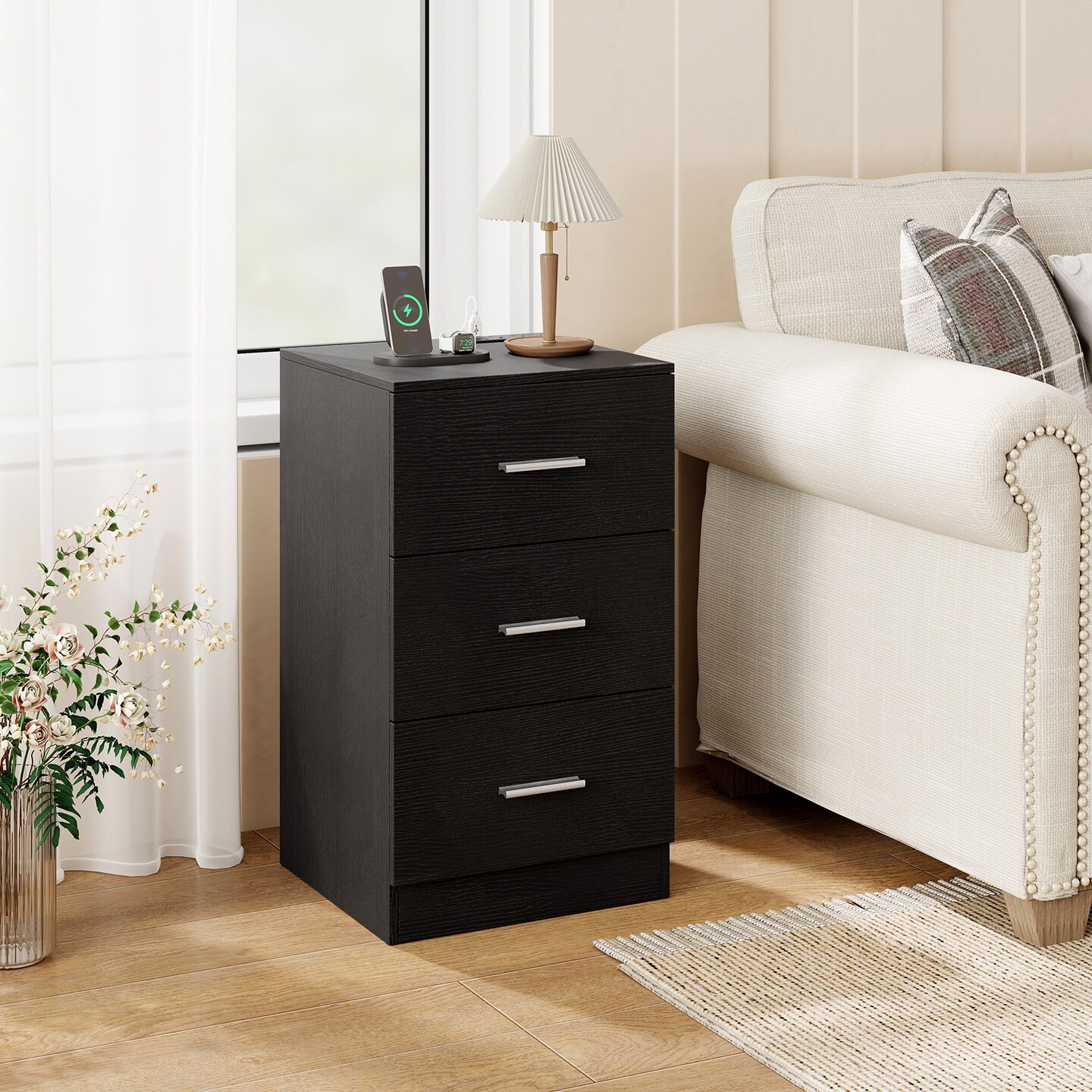 Bedside Nightstand with Charging Station and 3 Storage Drawers for Easy Organization