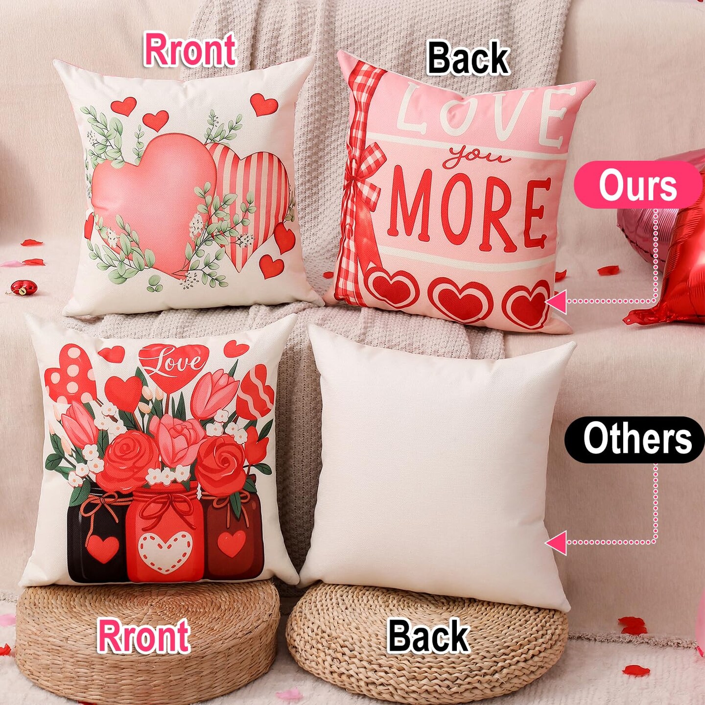Valentine Decorations Set of 4 Double-Sided Valentine's Day Throw Pillow Covers 18" x 18", Reversible 8 Designs, with 16 pcs Heart & Love Balloons, Stickers, Complete Valentines Decor Kit