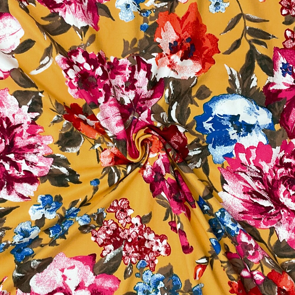 Yellow-Multi Poly Stretch Spandex Floral Print DB Jersey Knit Fabric By the Yard