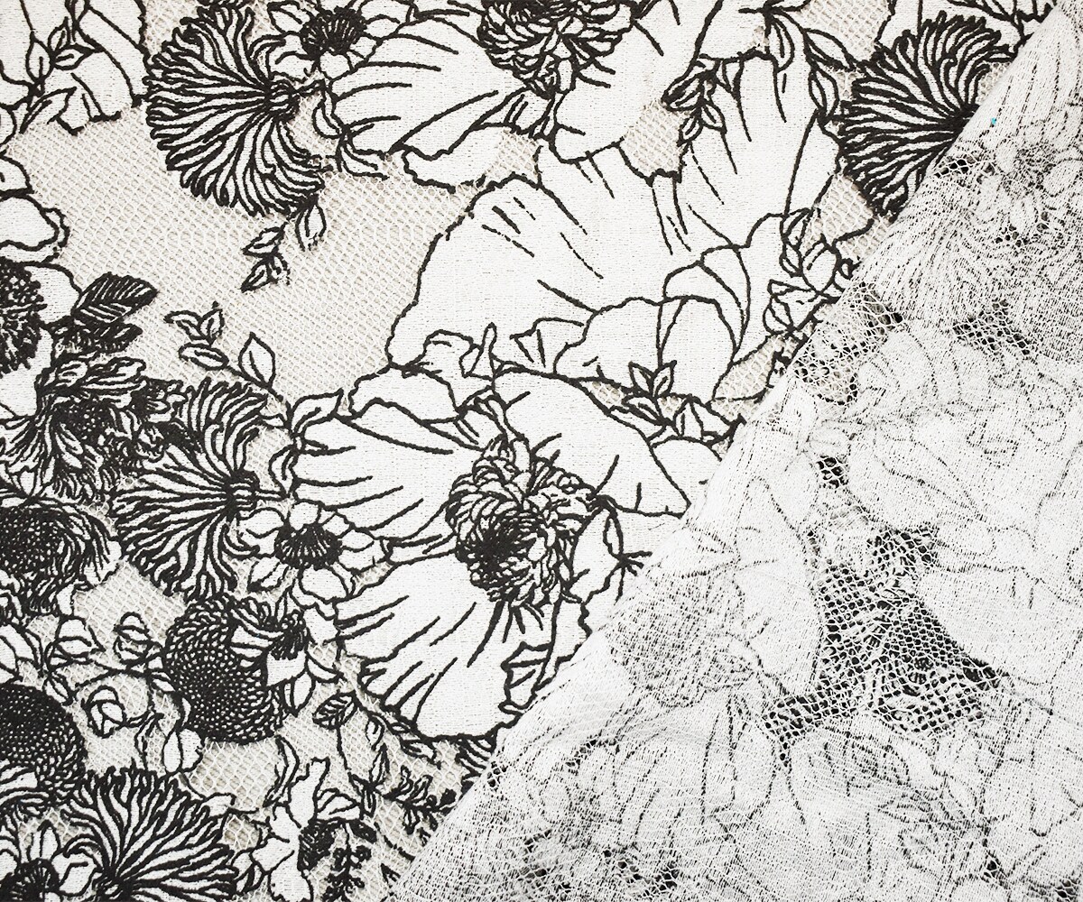 Black-White Cotton-Poly Floral Patch Printed Lace Mesh Knit Fabric By the Yard