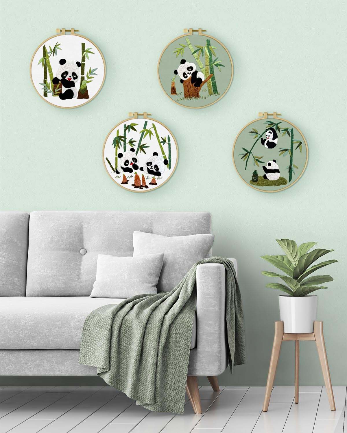 4 Sets Embroidery Kit for Beginners, Animal Cross Stitch Set for Adult Include Embroidery Cloth Hoops Threads for Craft Lover Hand Stitch (Panda)