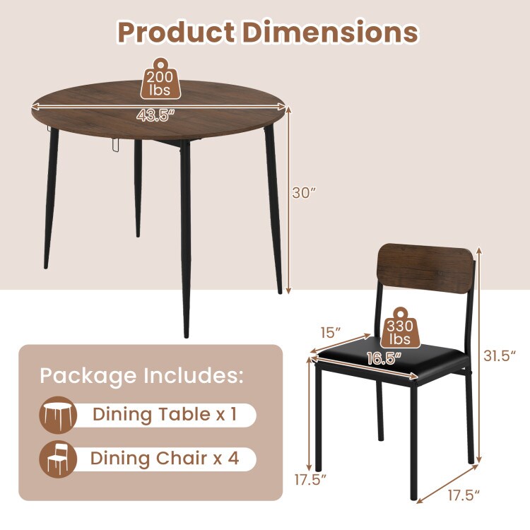 5-Piece Brown Dining Set – Round Drop-Leaf Table with 4 Upholstered Chairs, 330-lb Chair Capacity
