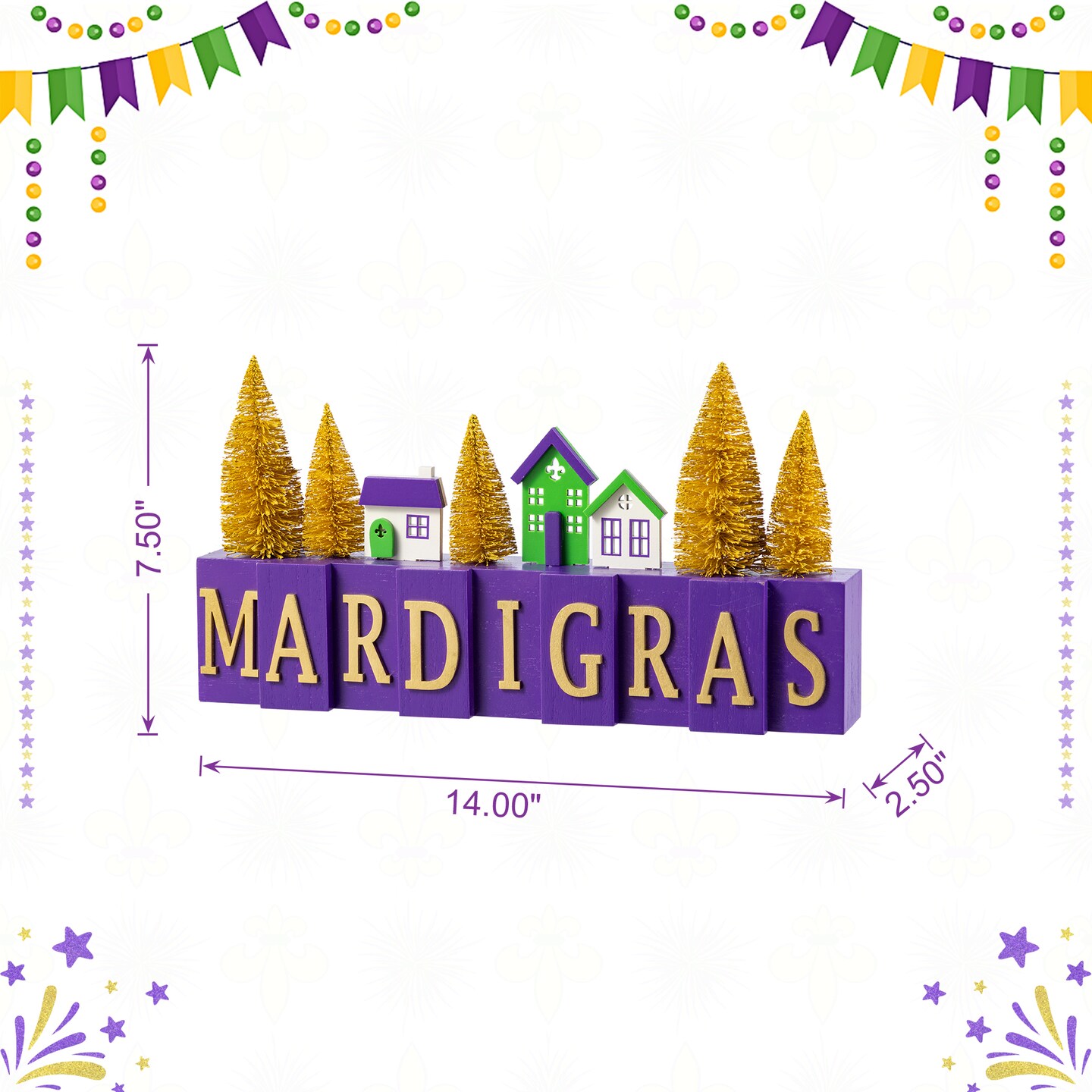 Set of 2 14"L Mardi Gras Wooden House/Brush Trees Table Decor