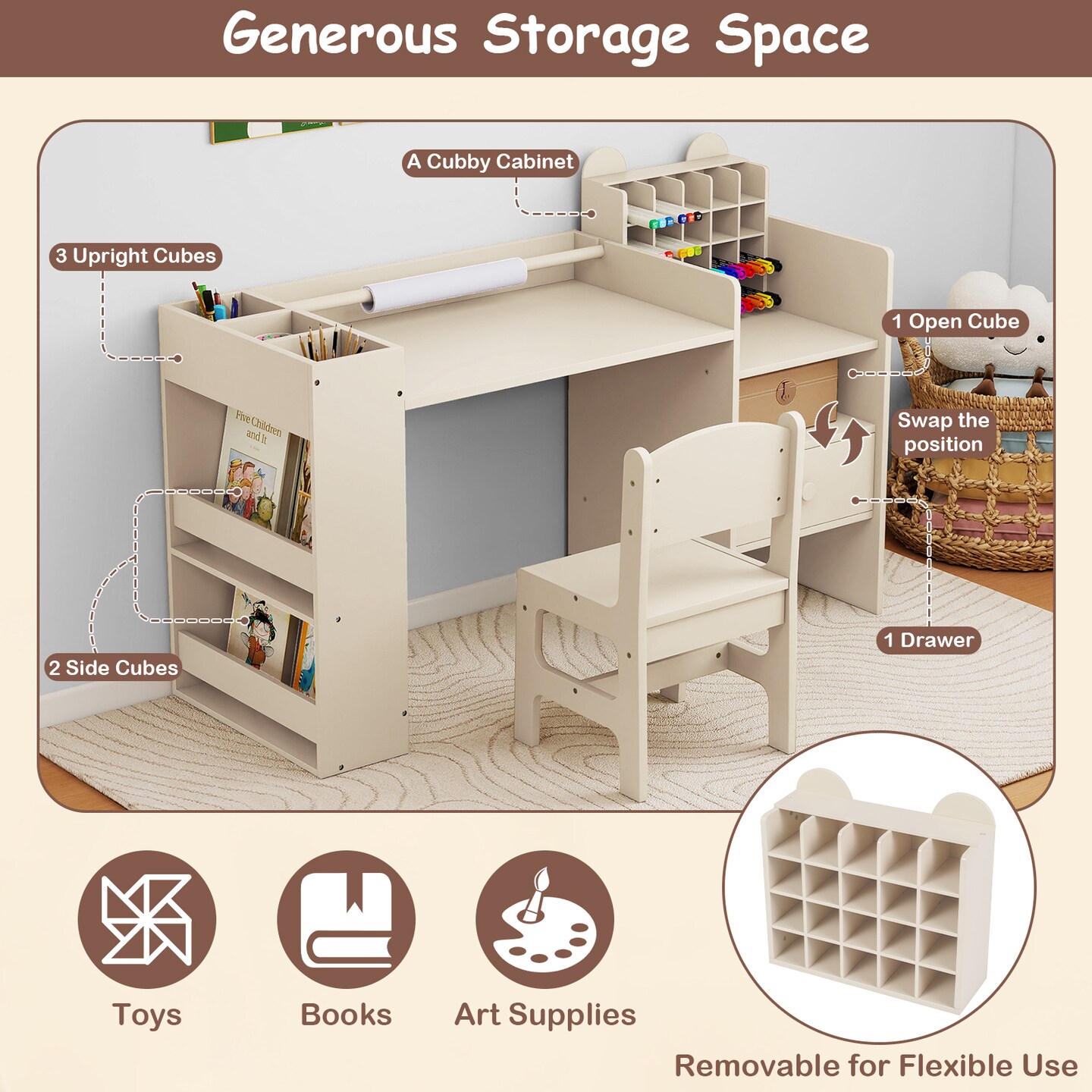 Kids Craft Table and Chair Set with Paper Roll Holder and Storage Cubes