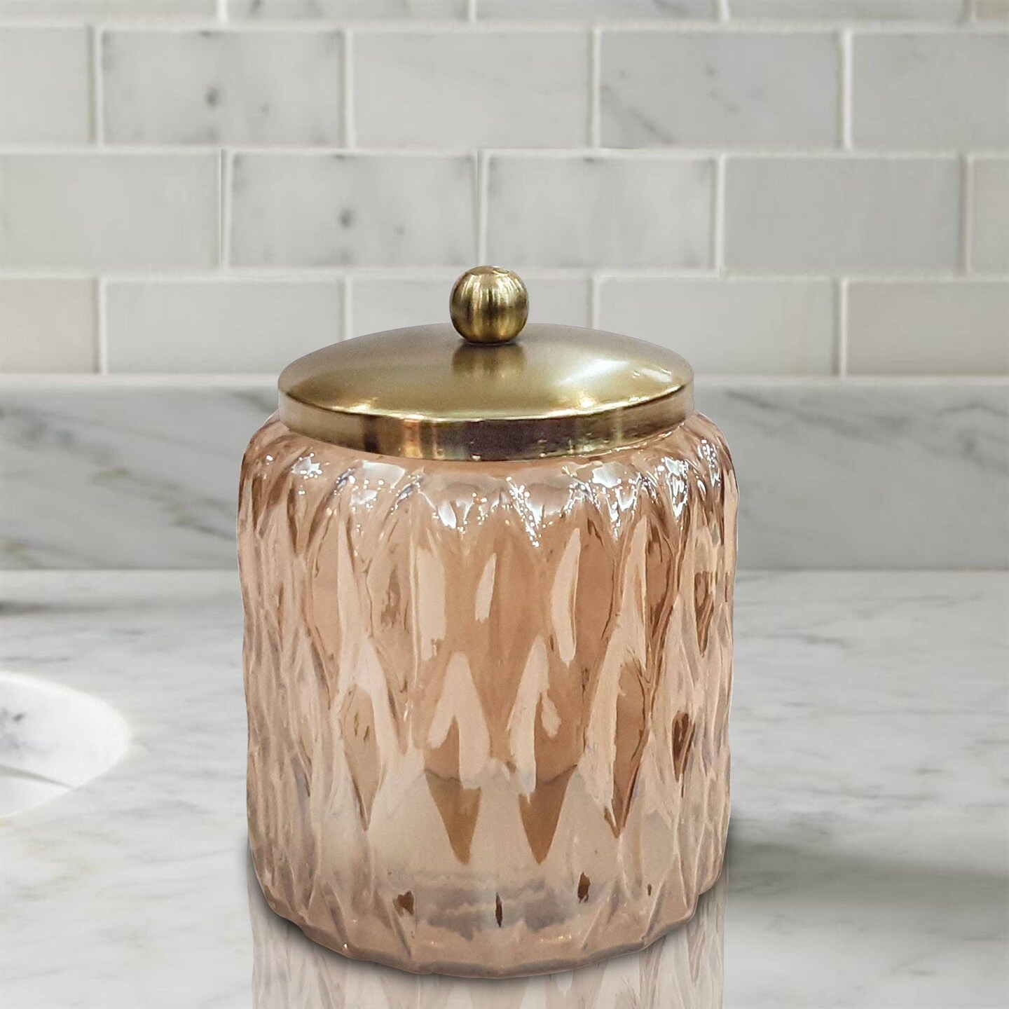 Glacier Amber Vanity Jar | Elegant Storage for Cotton Swabs, Sponges, Bath Salts | Decorative Amber Glass Canister for Bathroom