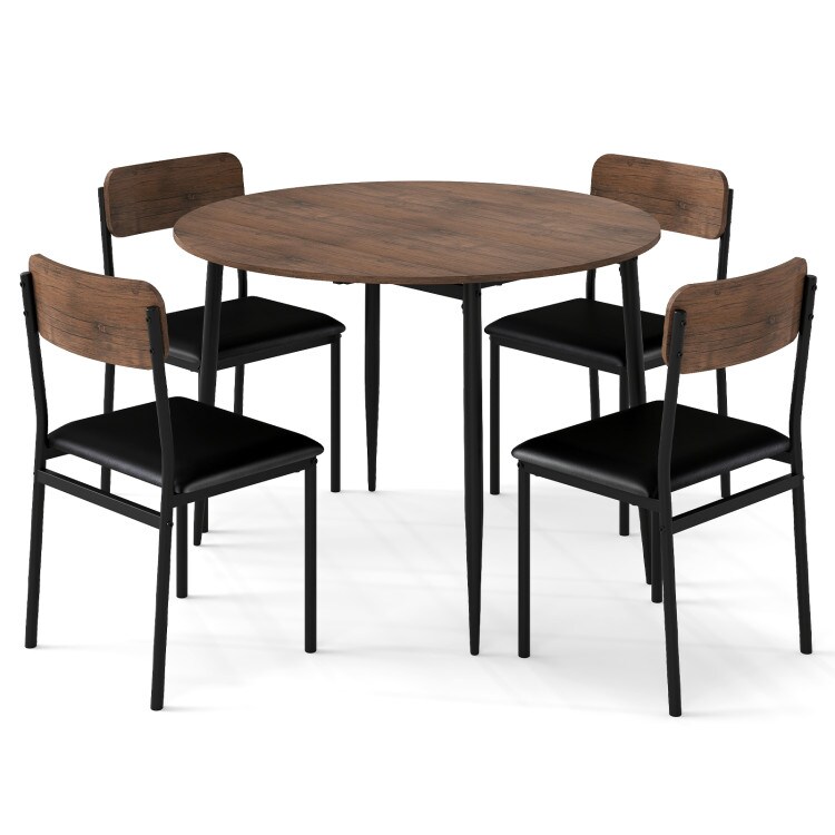 5-Piece Brown Dining Set – Round Drop-Leaf Table with 4 Upholstered Chairs, 330-lb Chair Capacity