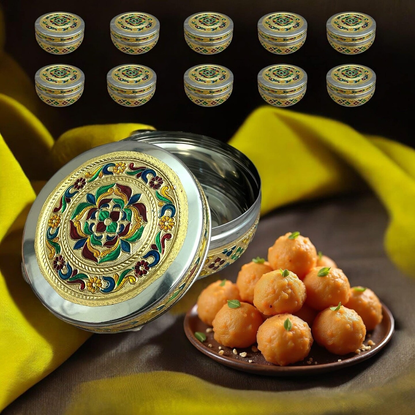 Meenakari Stainless Steel Box Decorative Round Cookie Tin Indian Wedding Favor Container Dabba for Sweets Laddu Dryfruit Chocolate Multipurpose Storage Box - Housewarming Return Gift