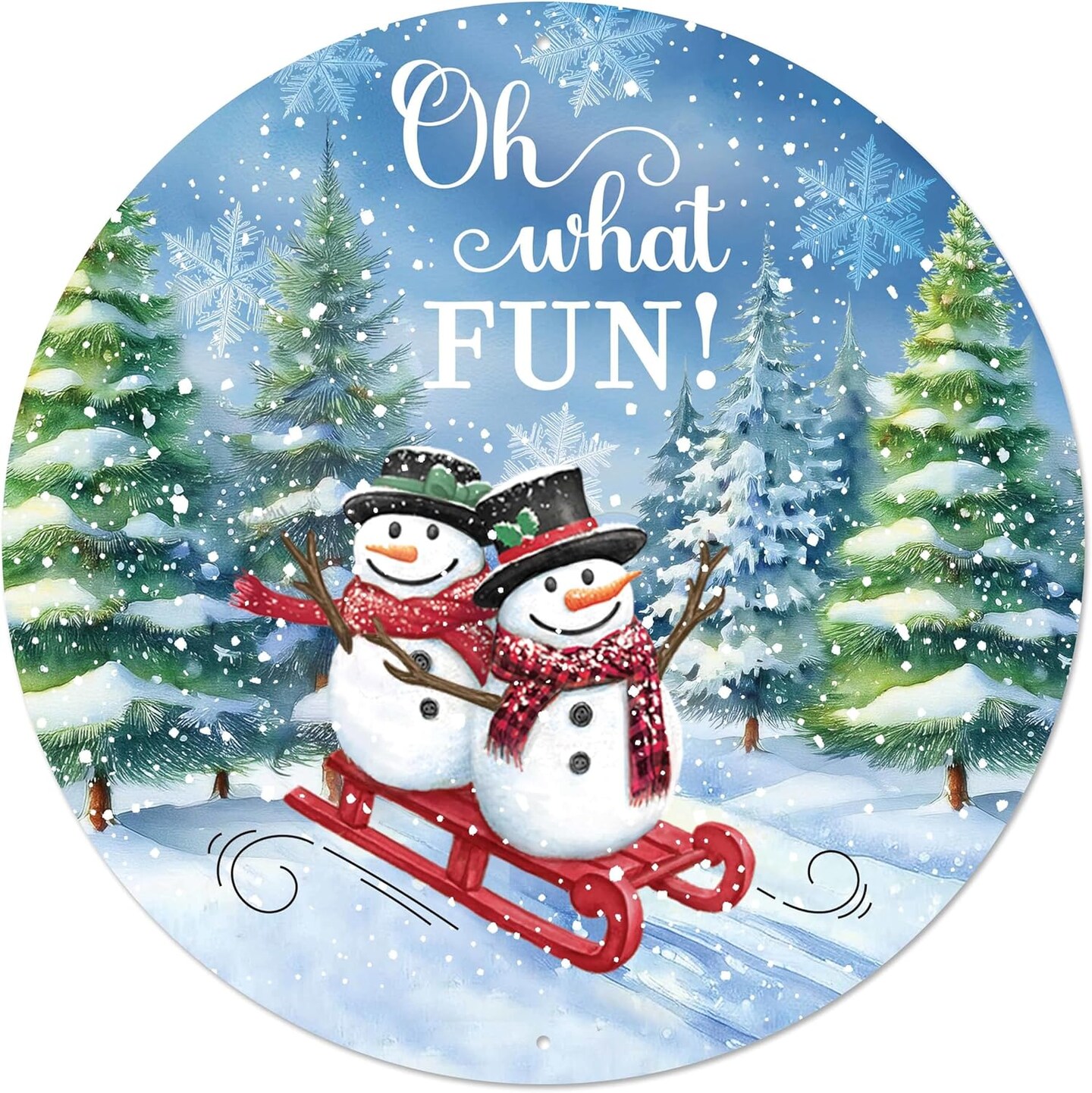 Snowman 12&#x22; Wreath Center Sign, Oh What Fun! Flat Round Metal Plate - For Winter and Christmas Craft Accents and Decorations (Snowman - Blue, Multi, 12&#x22; Dia)