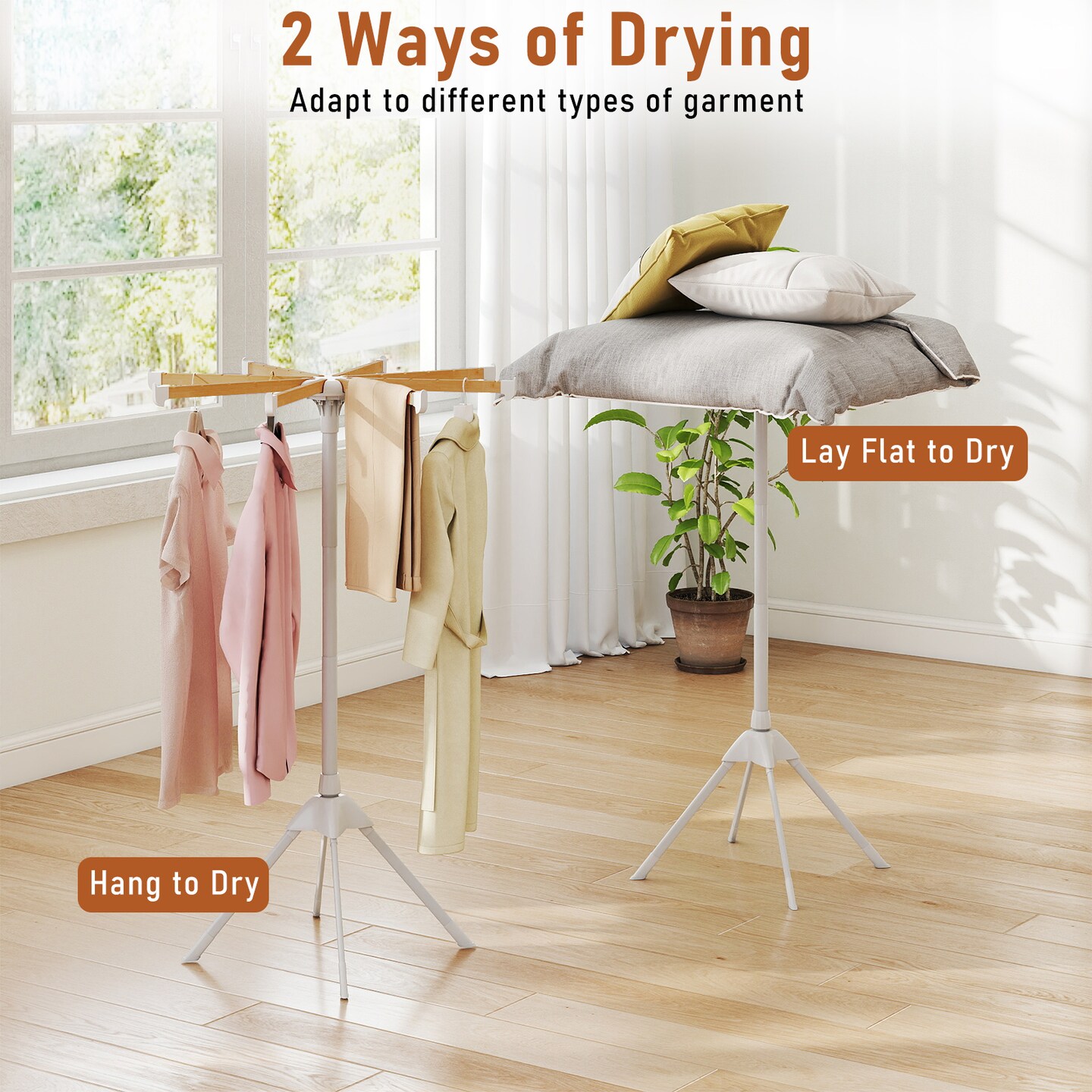Foldable 4-Leg Clothes Drying Rack with 8 Bamboo Rods and 40 Hanger Slots