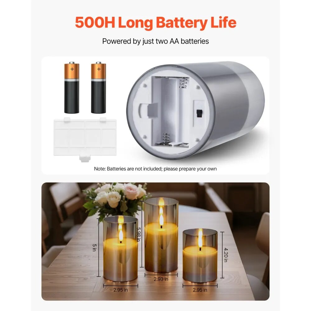 Set of 3 Grey Flickering Flameless LED Candles Battery Operated with Remote Timer Real Wax