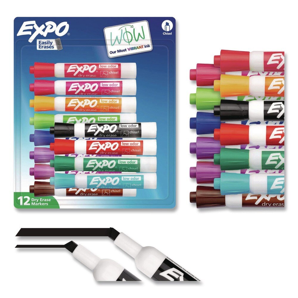 EXPO Broad Chisel Tip Low Odor Dry Erase Vibrant Color Markers - Assorted Colors (12/Set)