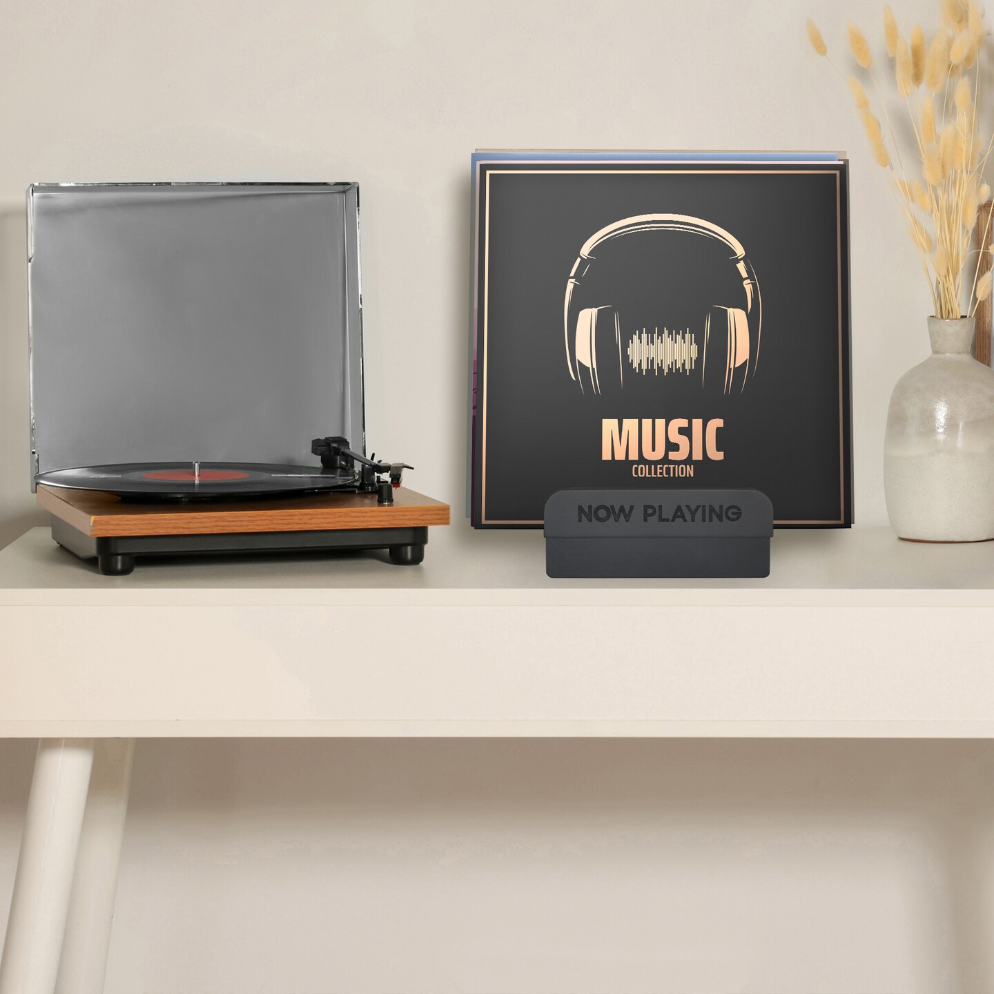 Americanflat Now Playing Vinyl Record Stand - Durable Engineered Wood Now Playing Sign with Front Display Shelf and Back Storage - Holds Up to 18 Records - Modern, Minimalist Design - Black - 8x7.5"