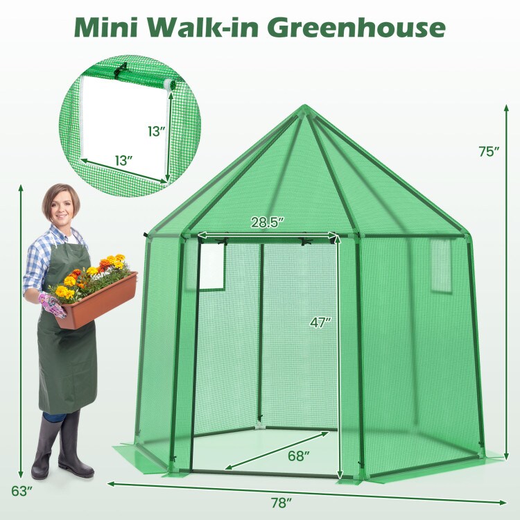 Mini Walk-In Greenhouse with PE Cover 78” x 68” x 75” Portable Garden Plant House