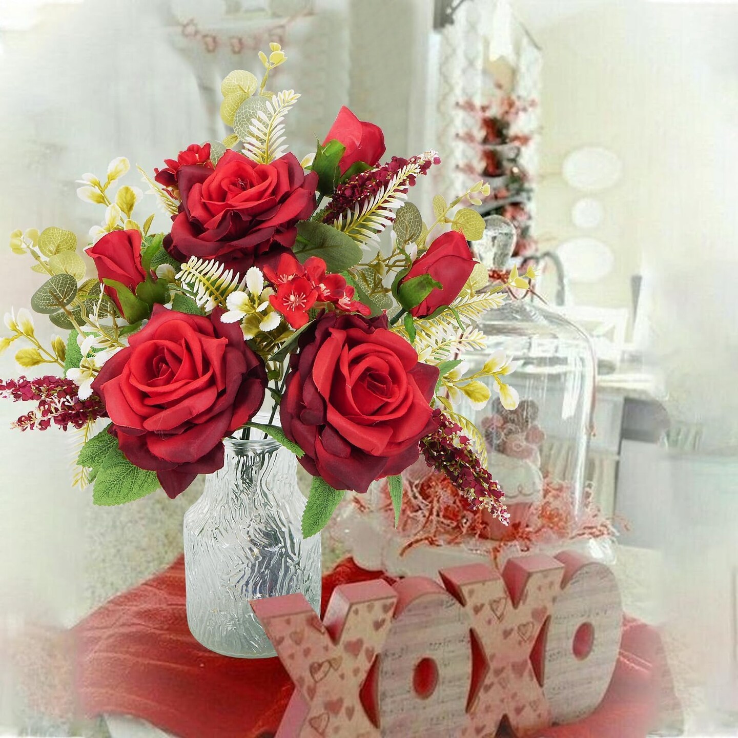 Valentine Centerpieces for Tables Valentines Day Flowers in Vase Red Artificial Roses with Light Valentine's Day Decorations for Wedding Party Kitchen Dining Room Home Decor