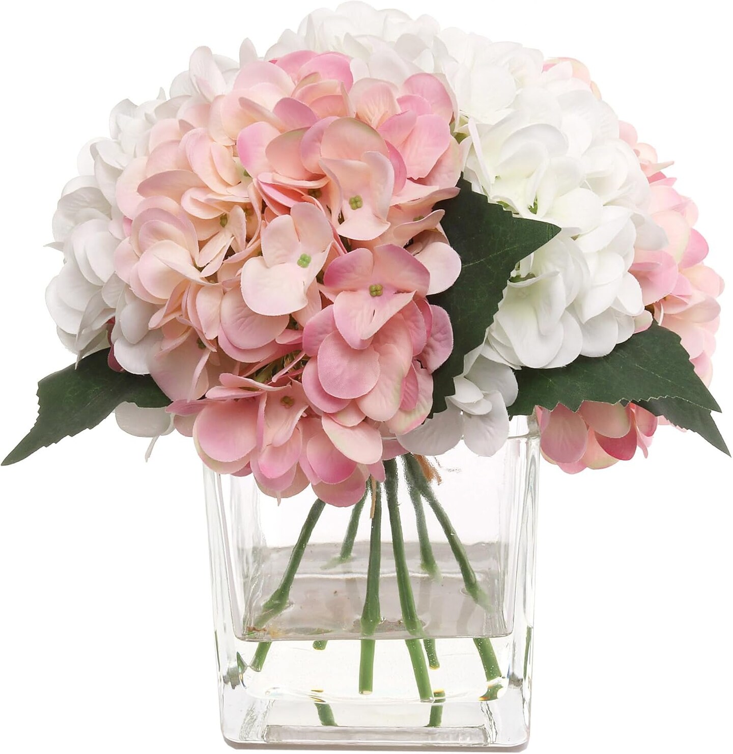 8-Pack Pink & White Hydrangea Arrangements | Faux Florals in Glass Vases with Water Look – Bulk Decor for Events & Homes