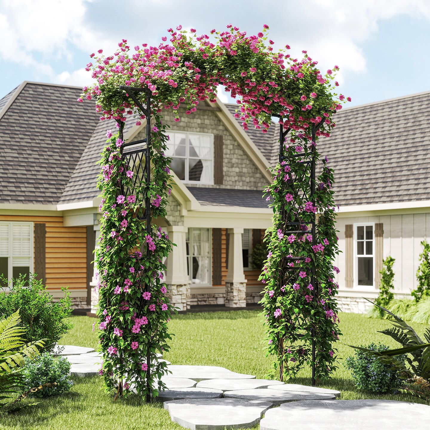 Black PE-Coated Metal Garden Arch Trellis 67” x 15.5” x 83” Outdoor Climbing Plant Support