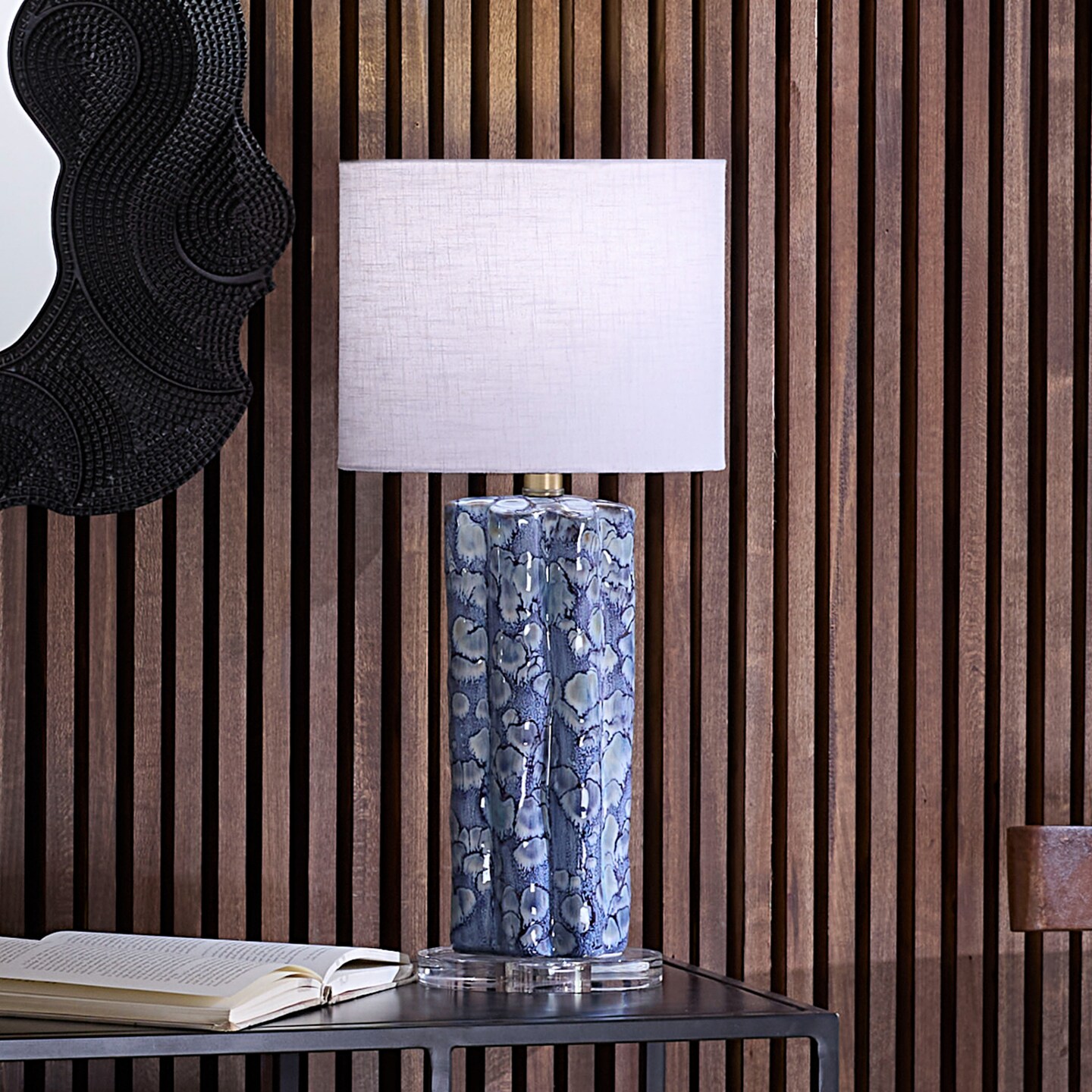 Jamie Young Company Small Scalloped Ceramic Table Lamp with Oval Shade - 23&#x22; - Blue and White