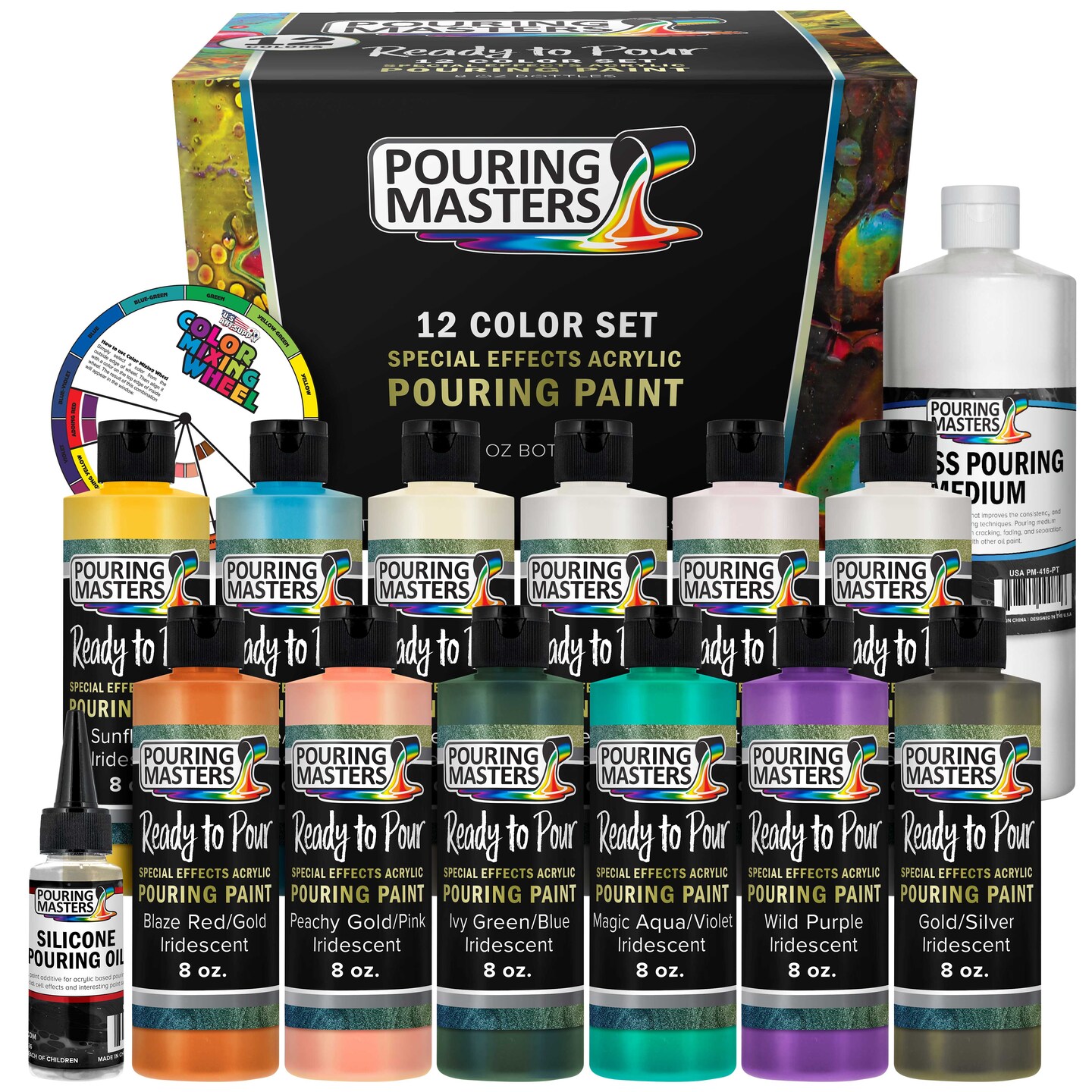 12-Color Ready-to-Pour Acrylic Pouring Paint Set, with Silicone Oil &#x26; Gloss Medium, 8oz Bottles, Pour Paint Supplies for Canvas &#x26; Crafts