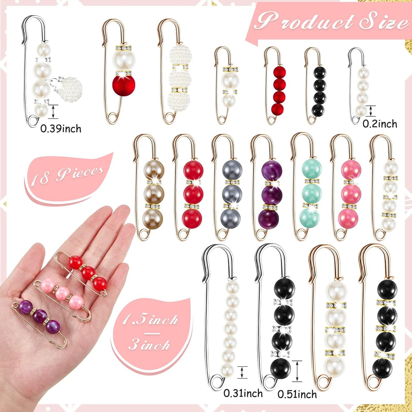 18 Piece Pearl Brooch Pins Women Decorative Safety Pins Clothing Shawl Clips Artificial Pearls Brooch Elegant Cardigan Collar Clips for Women Dress Skirt Sweater(Bright Style)
