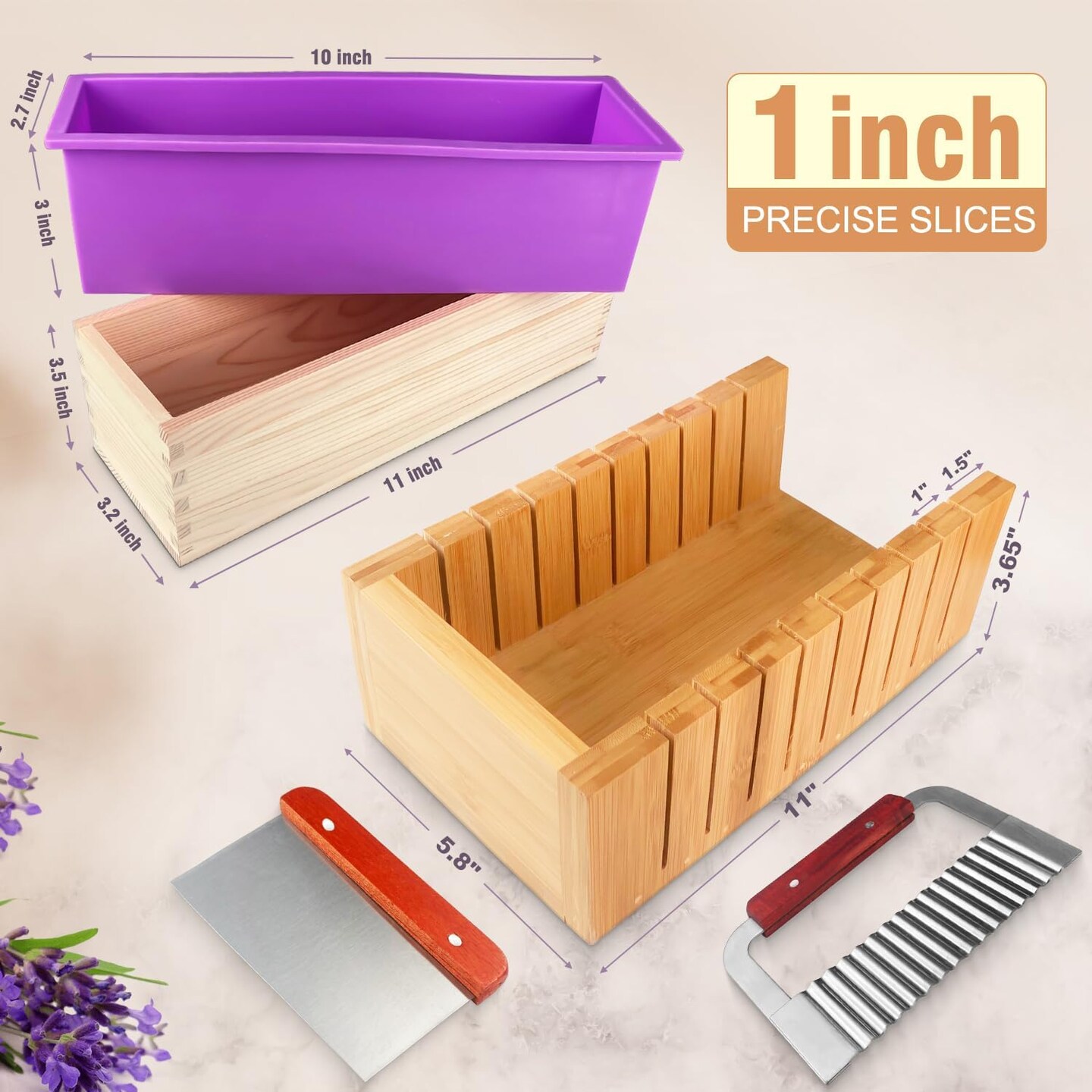 Soap Mold for soap Making, Soap Making kit - 42 oz Silicone Loaf soap Mold Set with Rectangular Wood Box &#x26; Bamboo Cutter Measuring Box, 2 Scraper for Soaps Making