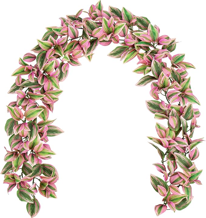 2pc 5.6FT Artificial Pink Tradescantia Zebrina Garland - Realistic Faux Wandering Jew Hanging Vines - UV Resistant Silk Greenery for Boho Wedding, Jungle Room Decor, Mantle & Staircase