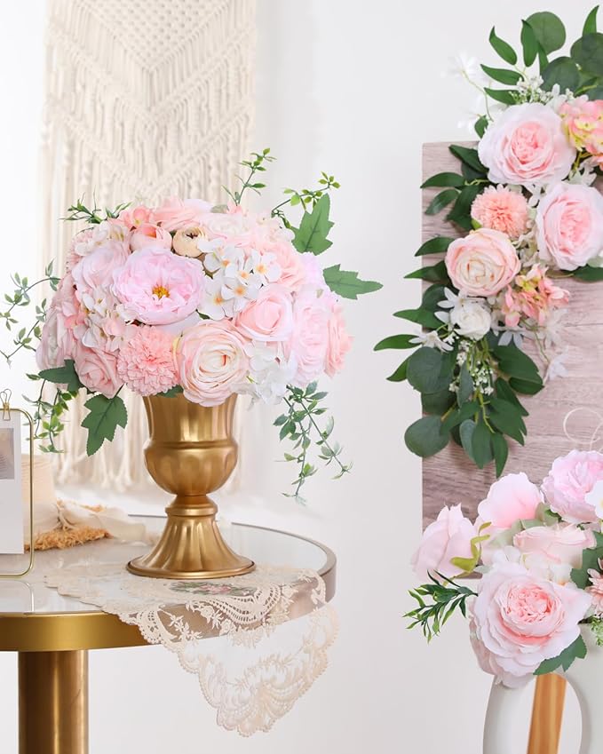 Senseya Blush Pink Artificial Flowers Combo - 24pc Silk Roses, Peonies & Dahlias with Stems for DIY Wedding Bouquets, Centerpieces & Baby Shower Decor - Designer Floral Box by Mark de Ruijter